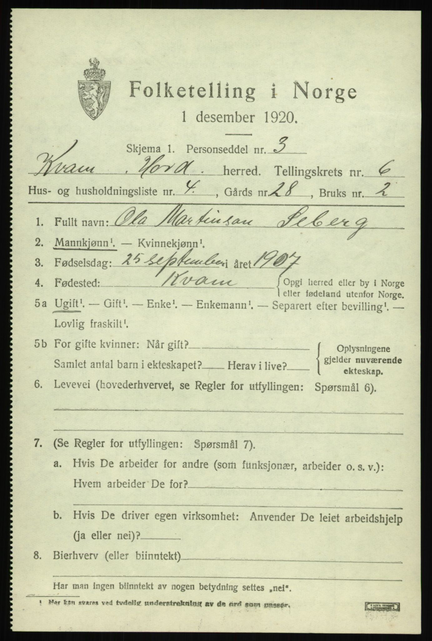 SAB, 1920 census for Kvam, 1920, p. 4441