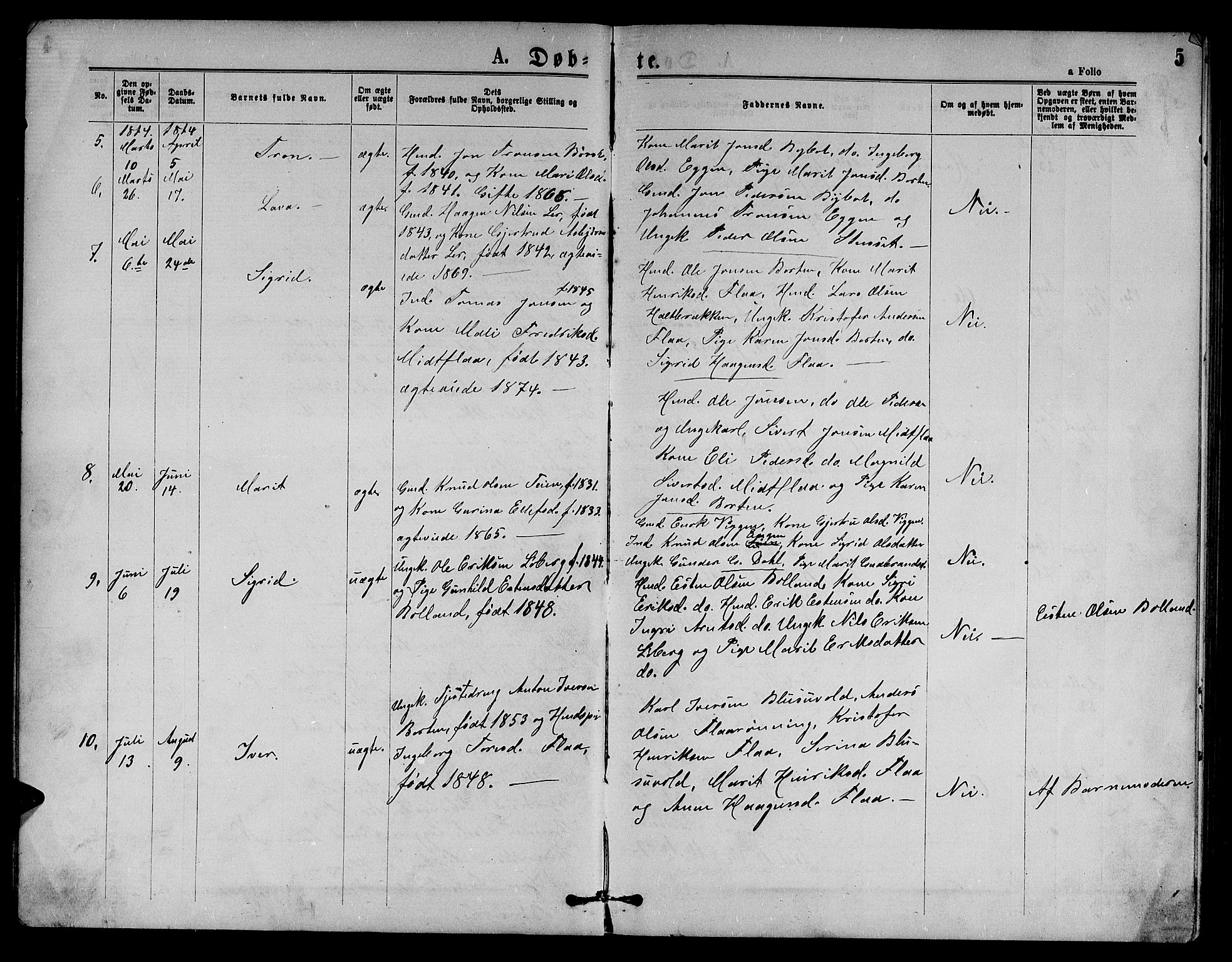 Ministerialprotokoller, klokkerbøker og fødselsregistre - Sør-Trøndelag, AV/SAT-A-1456/693/L1122: Parish register (copy) no. 693C03, 1870-1886, p. 5