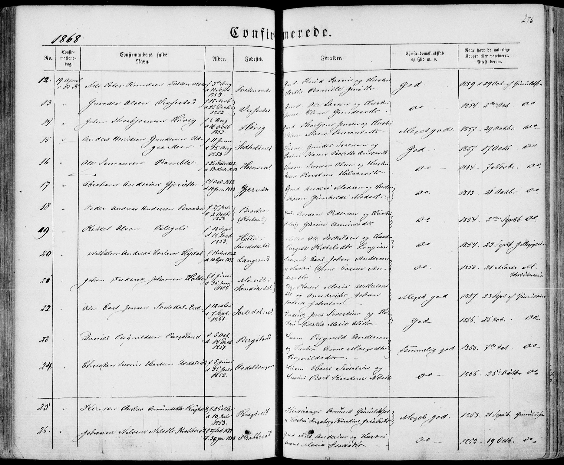 Bamble kirkebøker, SAKO/A-253/F/Fa/L0005: Parish register (official) no. I 5, 1854-1869, p. 276