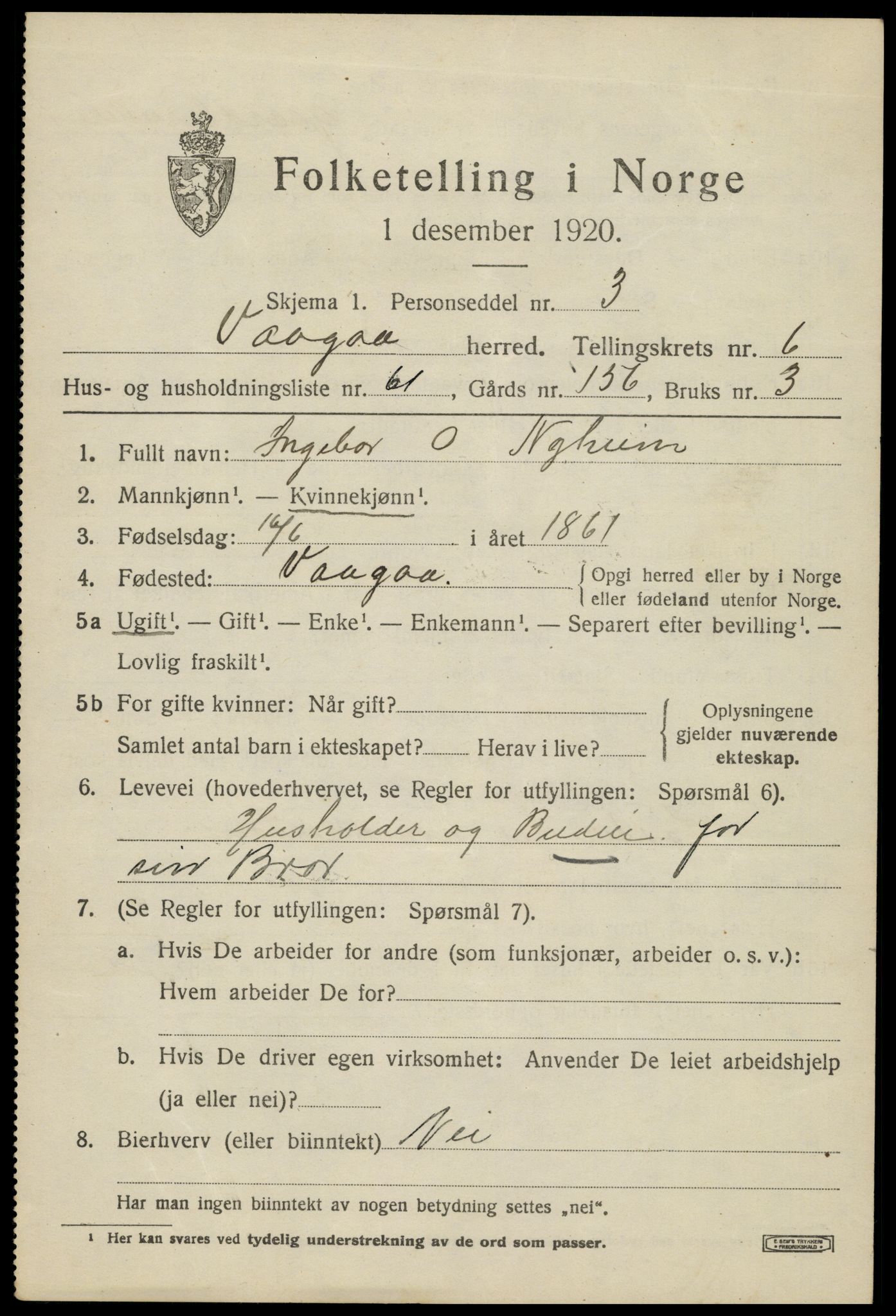 SAH, 1920 census for Vågå, 1920, p. 5290