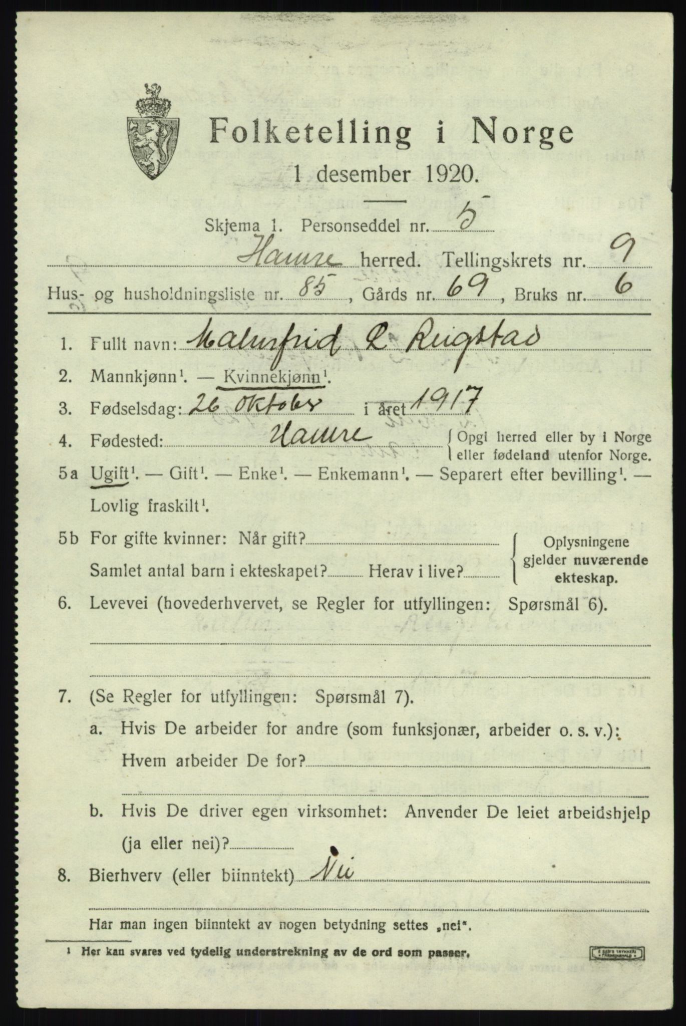 SAB, 1920 census for Hamre, 1920, p. 5959