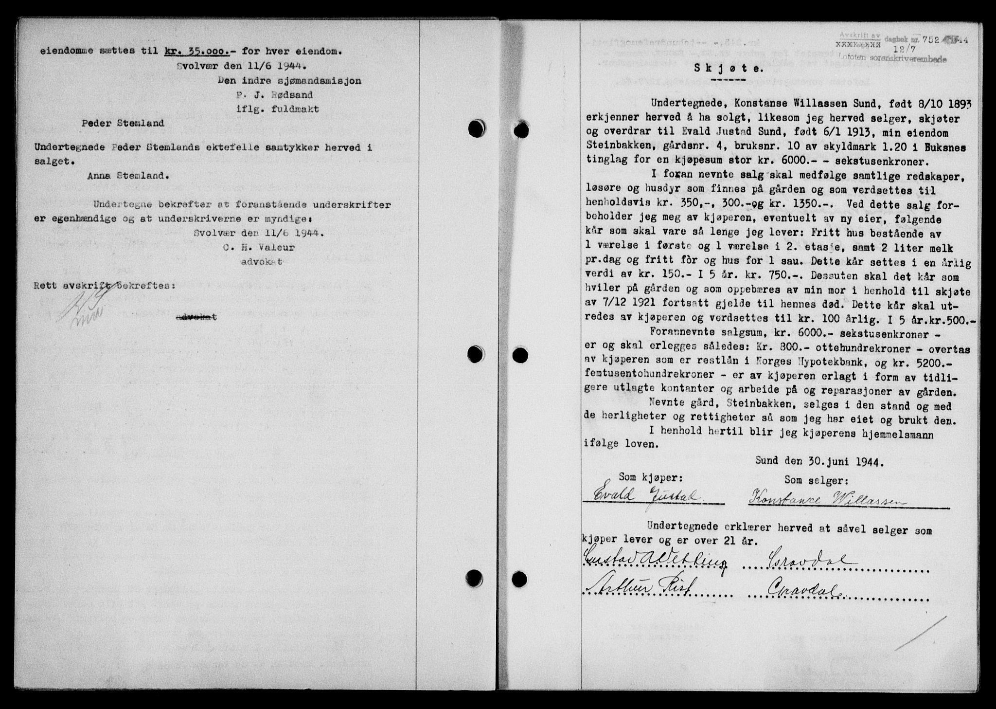 Lofoten sorenskriveri, SAT/A-0017/1/2/2C/L0012a: Mortgage book no. 12a, 1943-1944, Diary no: : 752/1944