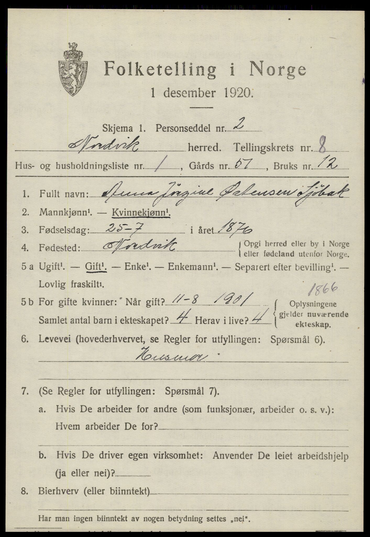 SAT, 1920 census for Nordvik, 1920, p. 2842