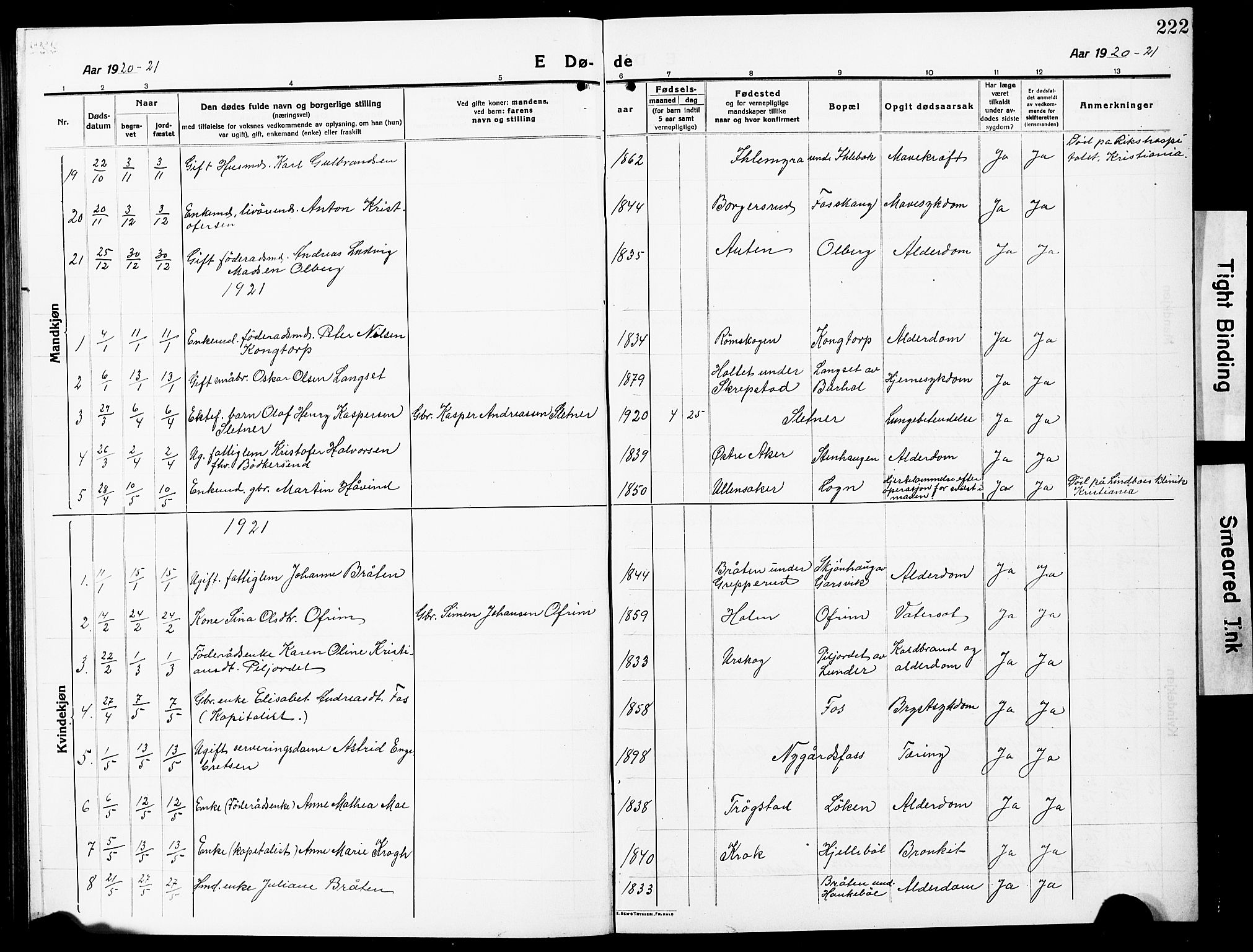 Høland prestekontor Kirkebøker, AV/SAO-A-10346a/G/Ga/L0008: Parish register (copy) no. I 8, 1915-1929, p. 222