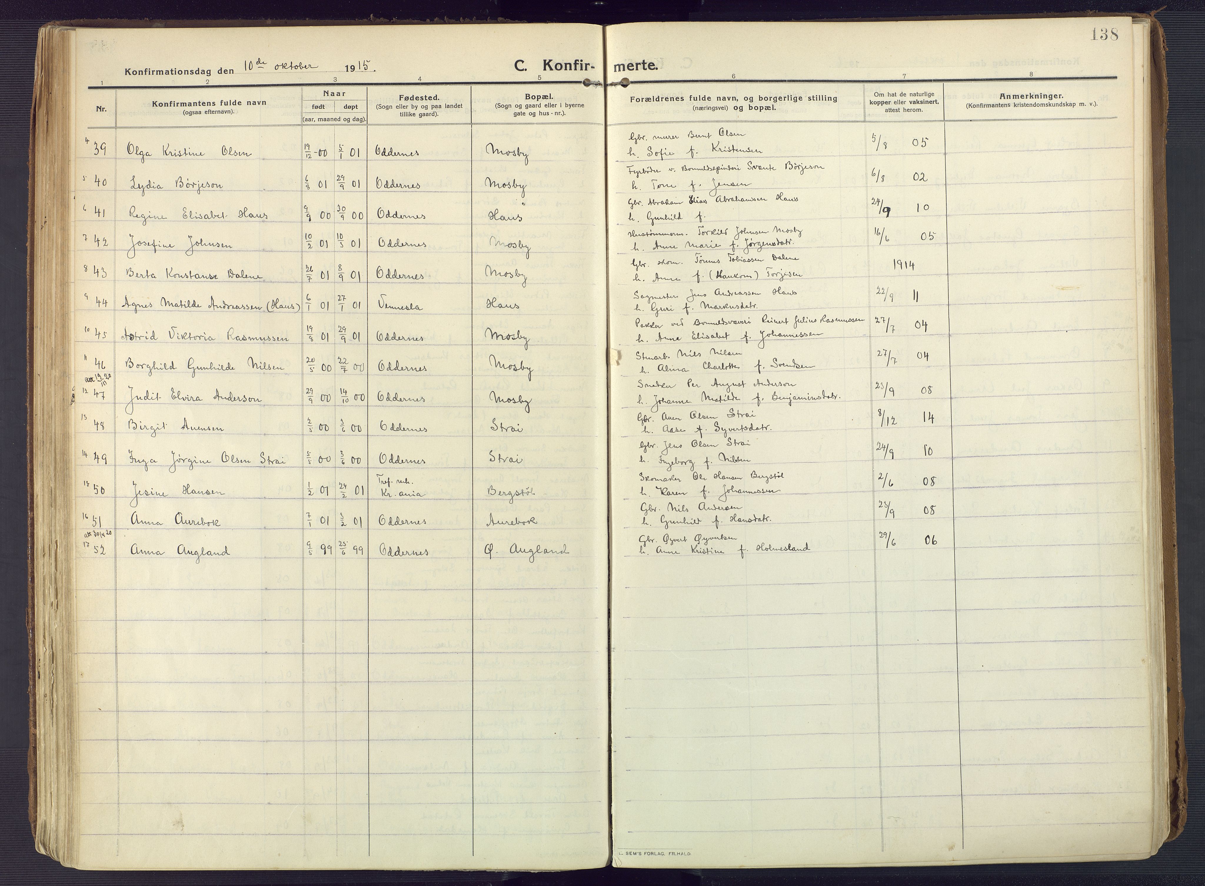 Oddernes sokneprestkontor, AV/SAK-1111-0033/F/Fa/Faa/L0012: Parish register (official) no. A 12, 1912-1925, p. 138