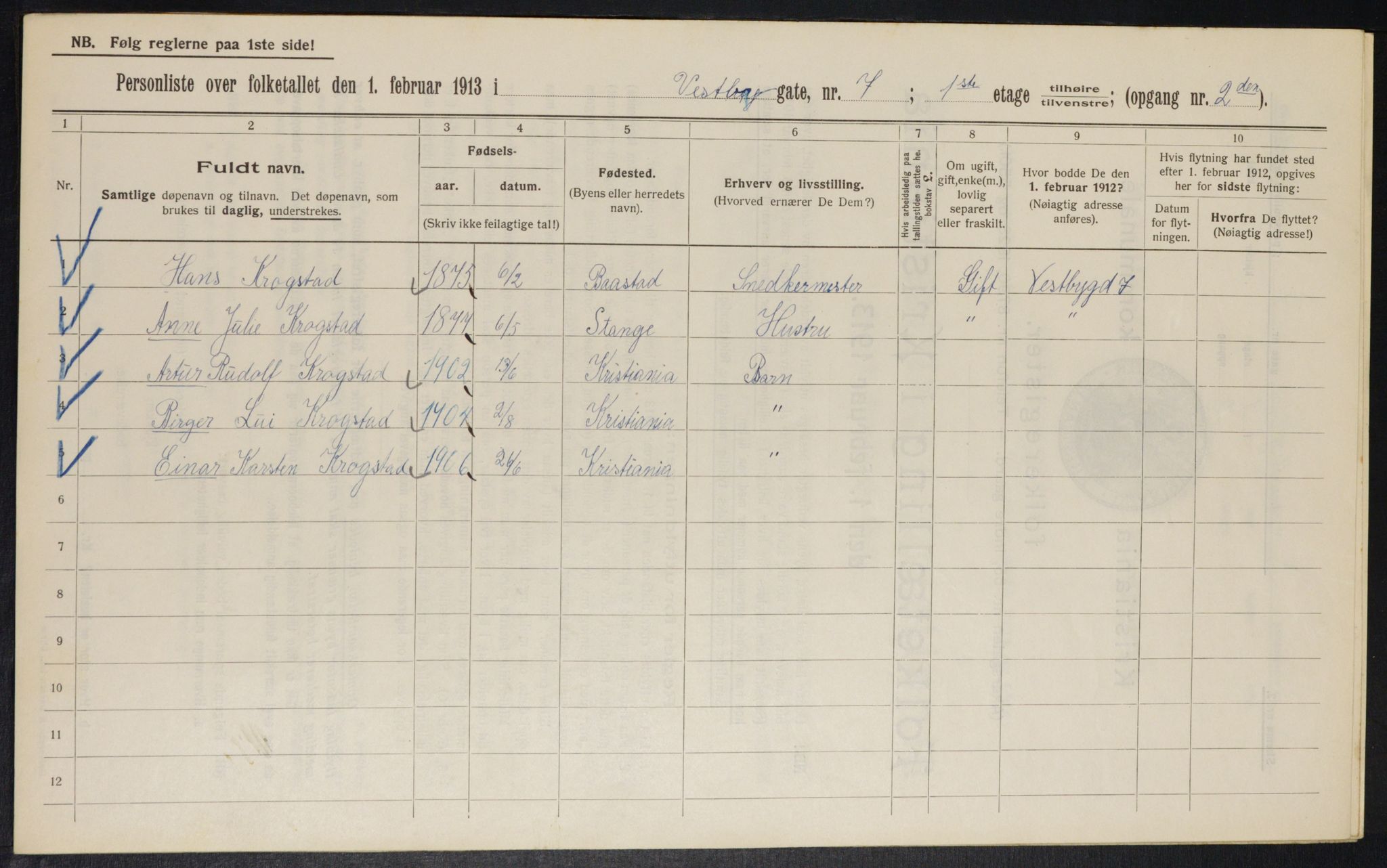 OBA, Municipal Census 1913 for Kristiania, 1913, p. 122224