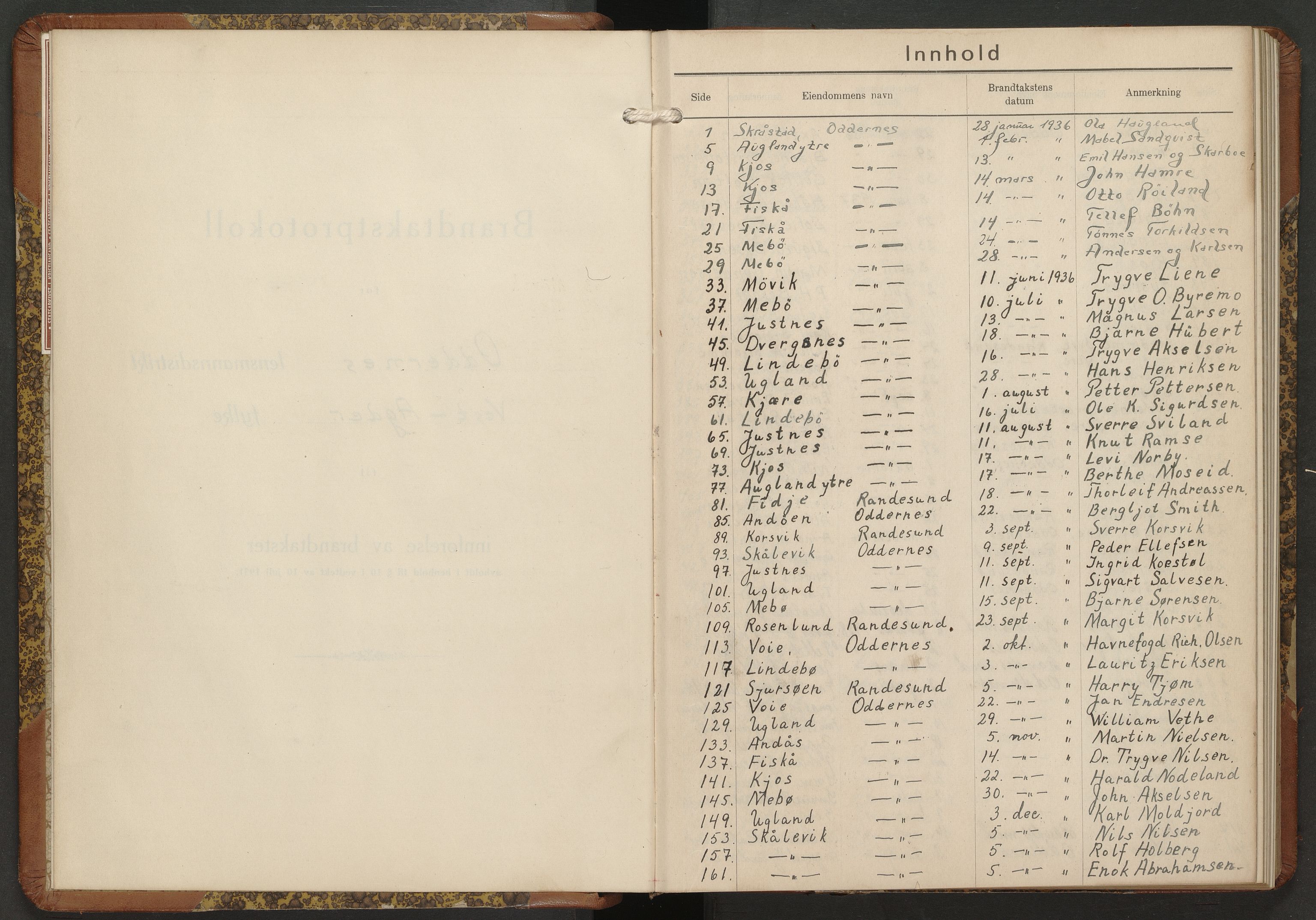 Norges Brannkasse Oddernes, AV/SAK-2241-0042/F/Fa/L0027: Branntakstprotokoll nr. 27, 1936-1939