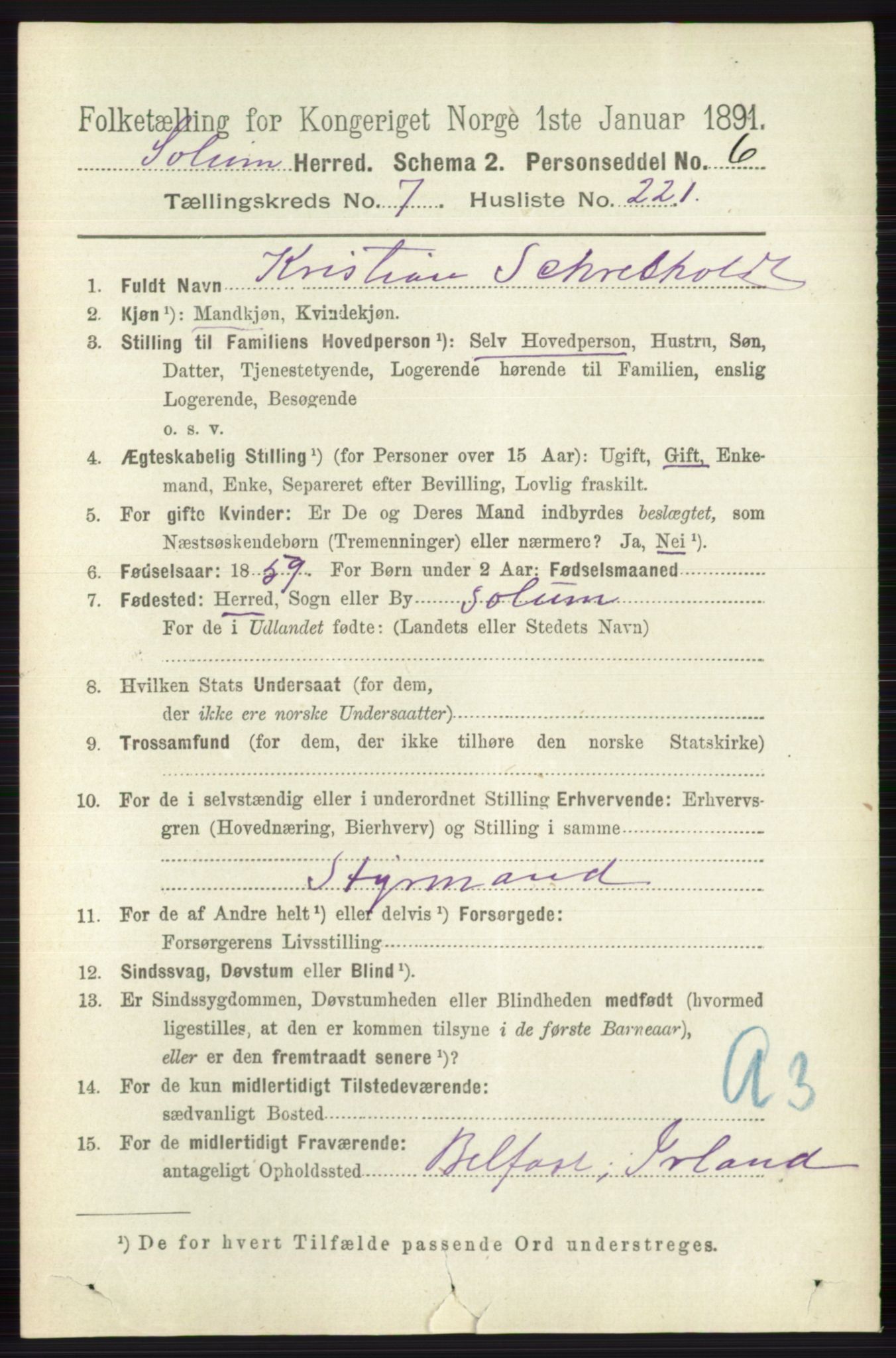 RA, 1891 census for 0818 Solum, 1891, p. 4022