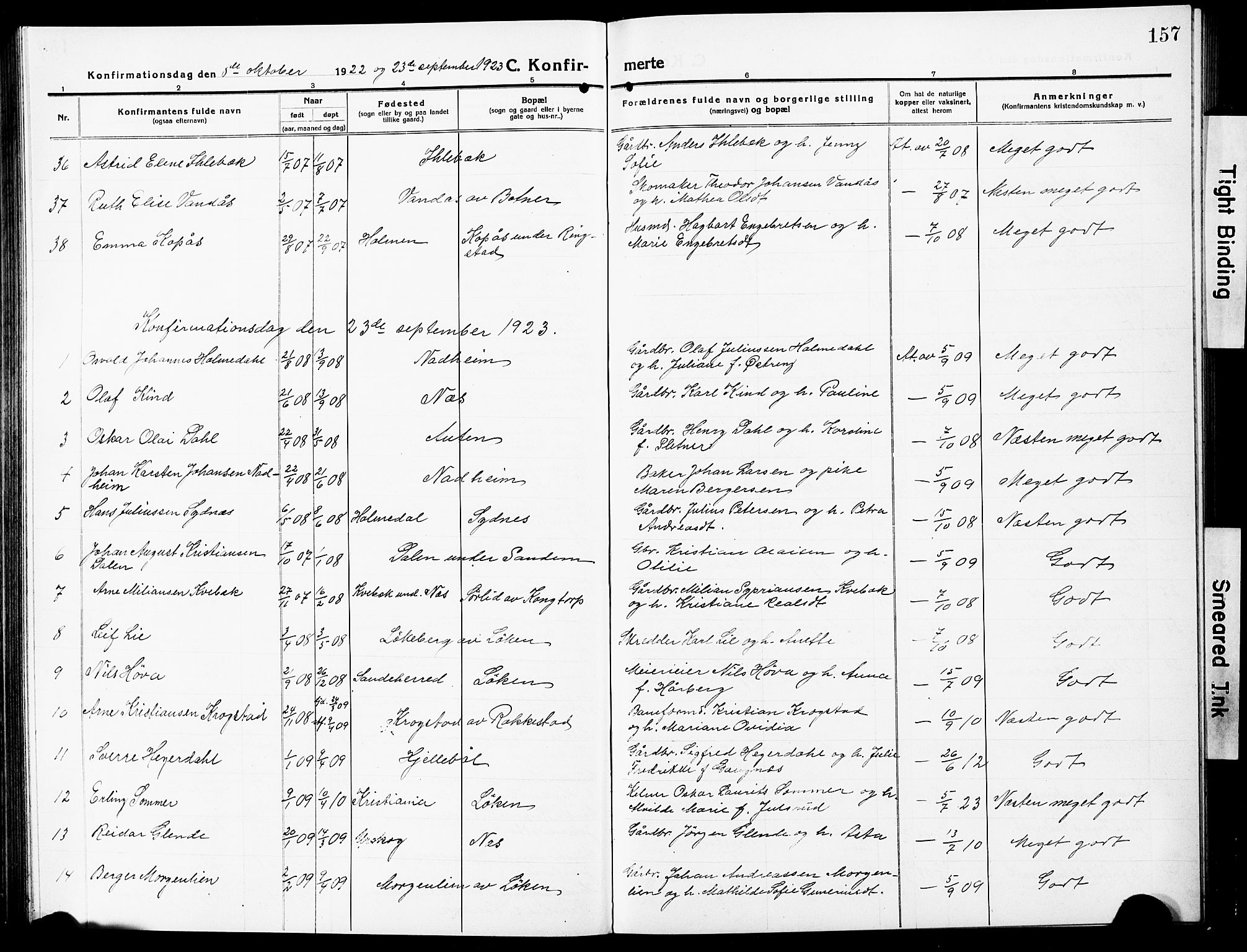 Høland prestekontor Kirkebøker, SAO/A-10346a/G/Ga/L0008: Parish register (copy) no. I 8, 1915-1929, p. 157