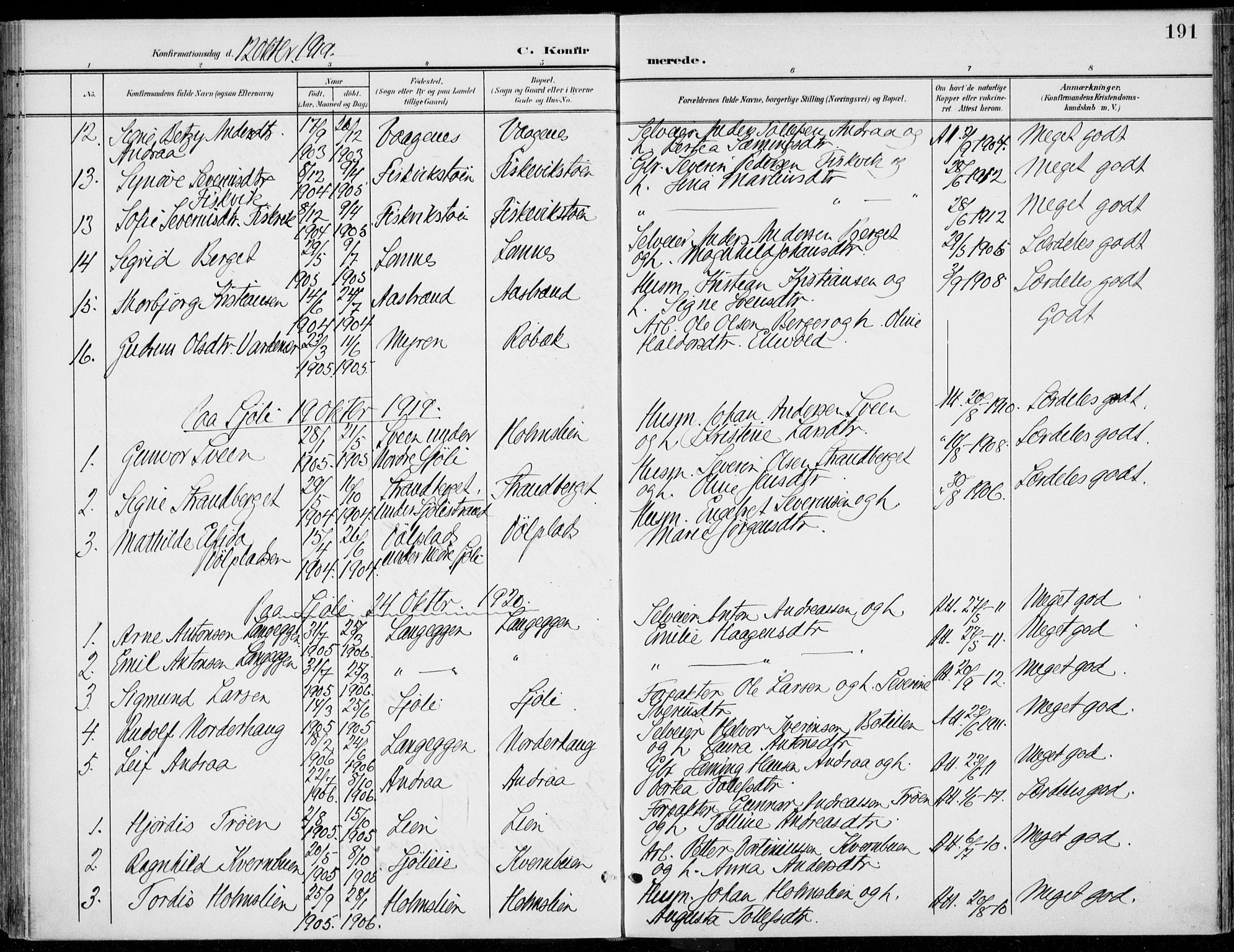 Rendalen prestekontor, SAH/PREST-054/H/Ha/Haa/L0011: Parish register (official) no. 11, 1901-1925, p. 191