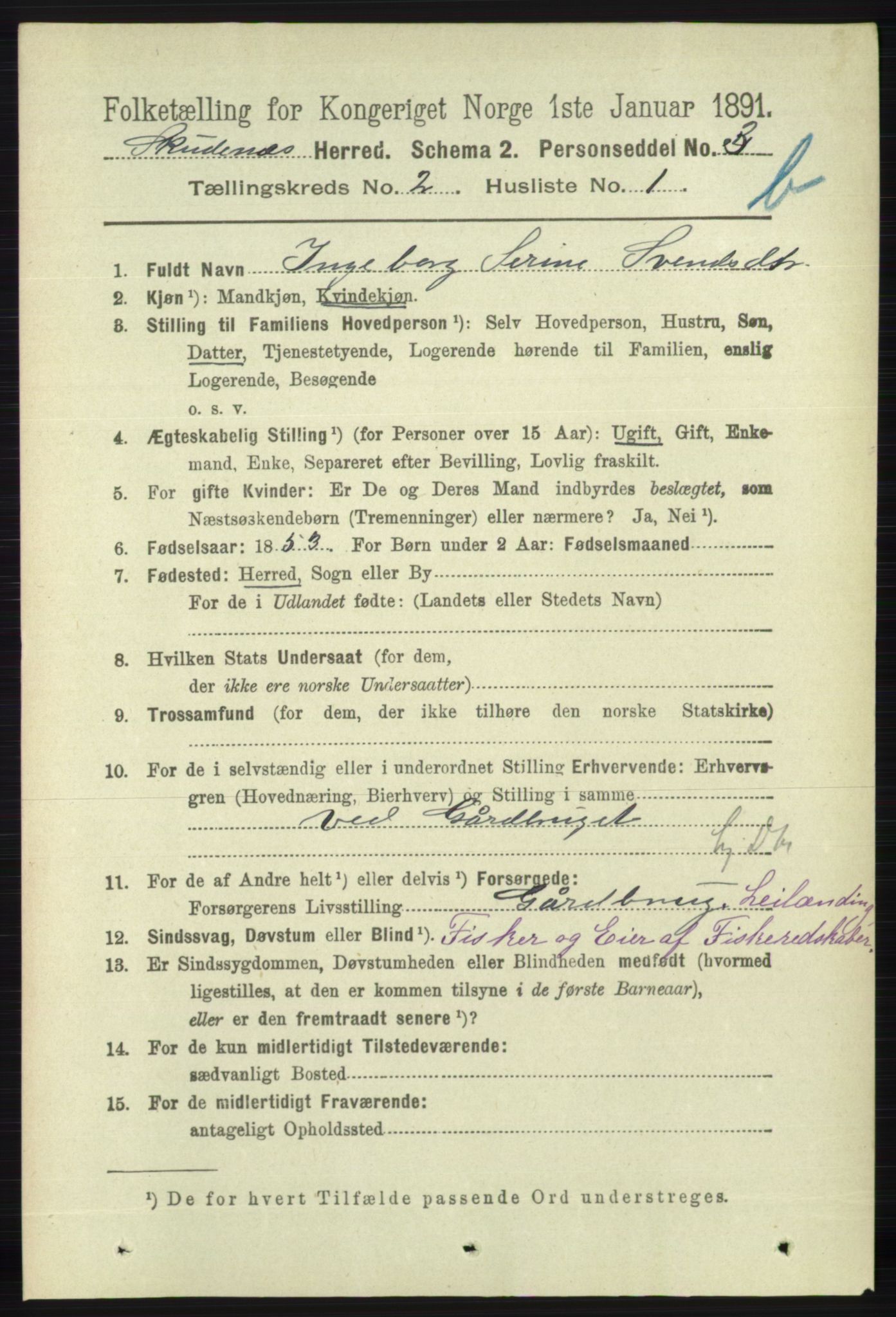 RA, 1891 census for 1150 Skudenes, 1891, p. 3711