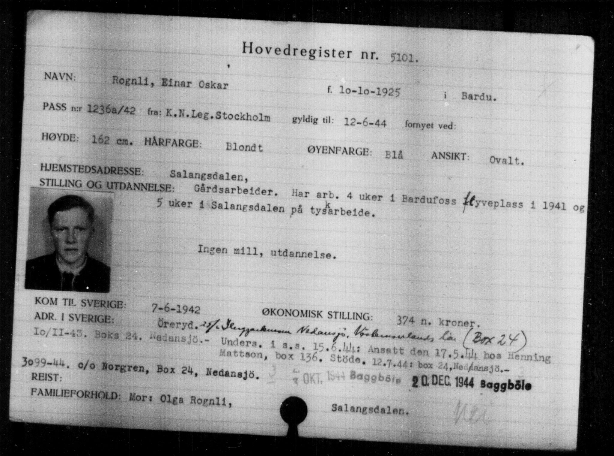 Utenriksstasjonene, Legasjonen i Stockholm, Flyktningkontoret, AV/RA-S-6753/V/Va/L0004: Kjesäterkartoteket, flyktninger med registreringsnr. 3496-6610, 1940-1945, p. 1894