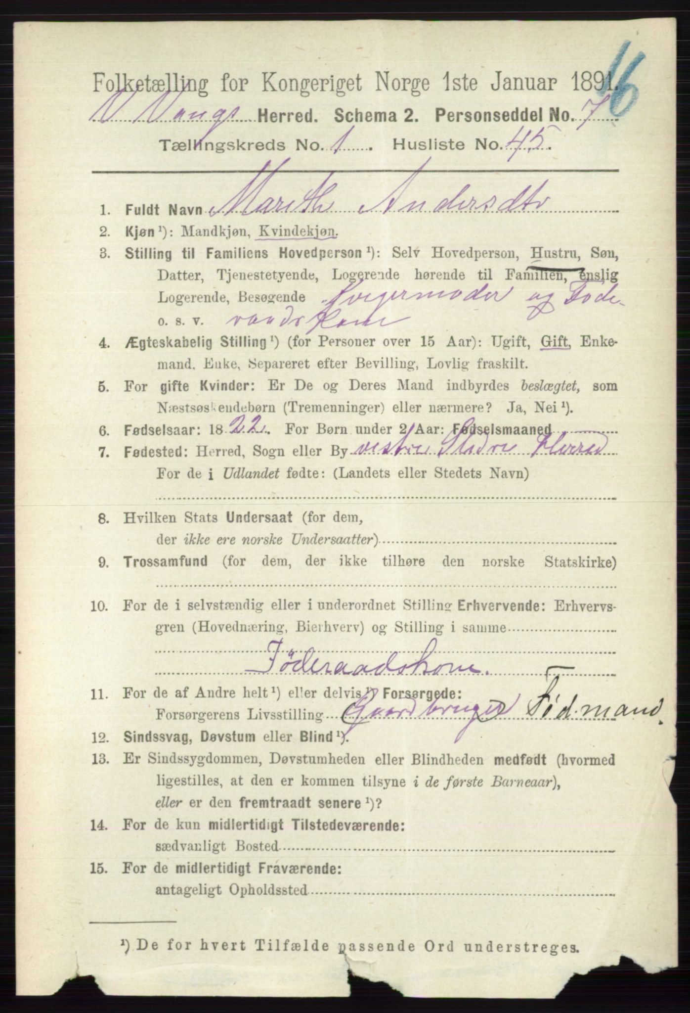 RA, 1891 census for 0545 Vang, 1891, p. 345