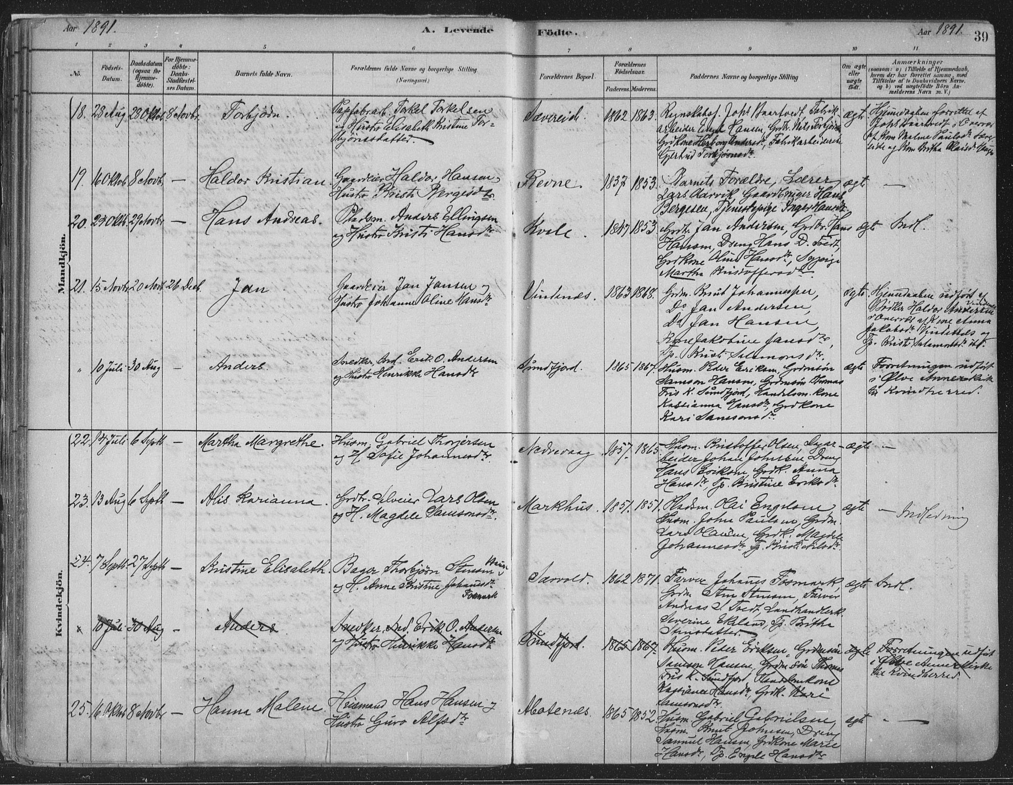 Fusa sokneprestembete, SAB/A-75401/H/Haa: Parish register (official) no. D 1, 1880-1938, p. 39