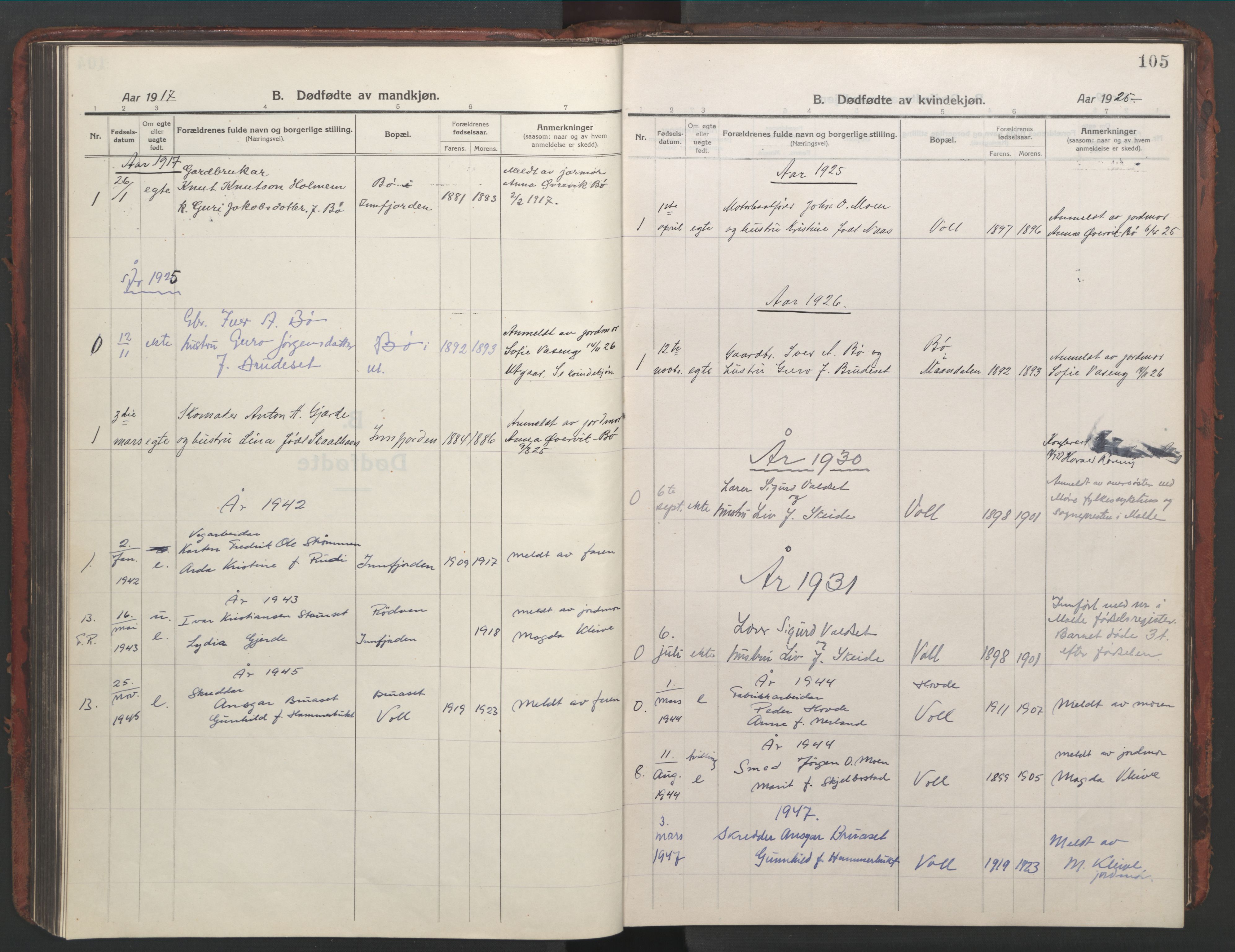 Ministerialprotokoller, klokkerbøker og fødselsregistre - Møre og Romsdal, AV/SAT-A-1454/543/L0565: Parish register (copy) no. 543C03, 1916-1955, p. 105