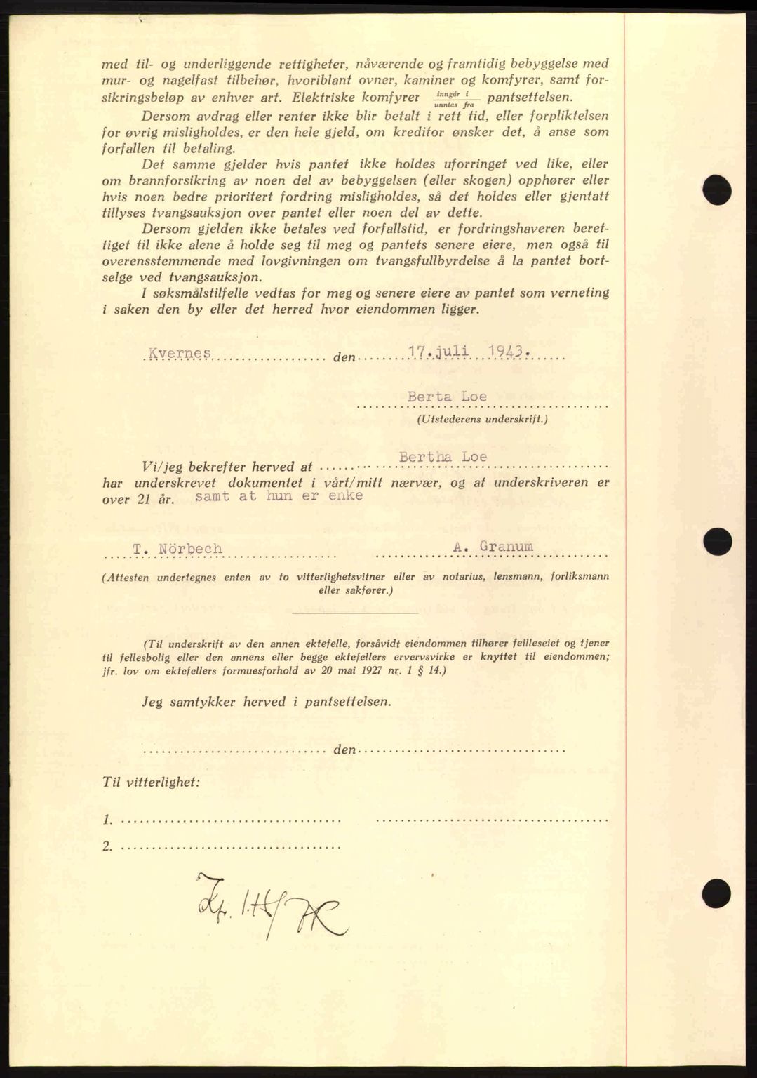 Nordmøre sorenskriveri, AV/SAT-A-4132/1/2/2Ca: Mortgage book no. B90, 1942-1943, Diary no: : 1647/1943