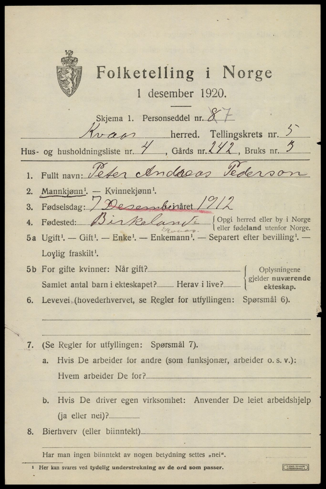 SAK, 1920 census for Kvås, 1920, p. 1324