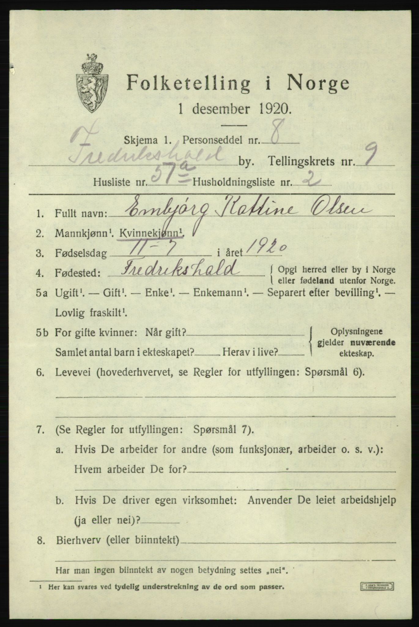 SAO, 1920 census for Fredrikshald, 1920, p. 17139