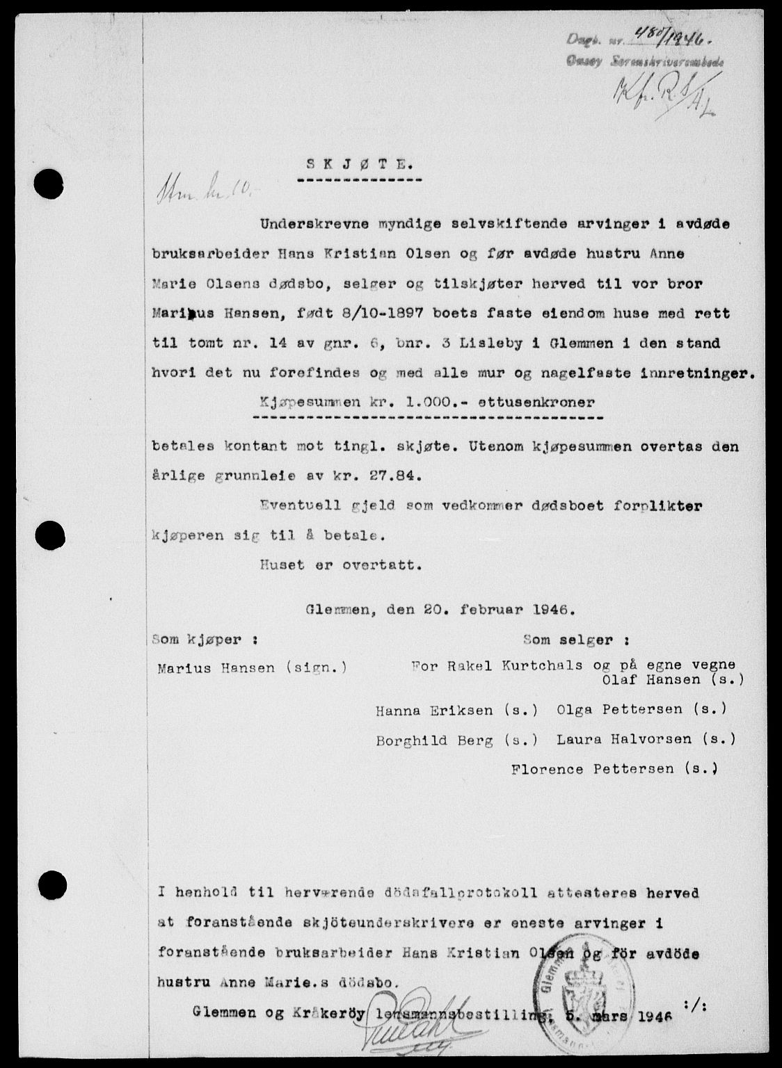 Onsøy sorenskriveri, SAO/A-10474/G/Ga/Gab/L0015: Mortgage book no. II A-15, 1945-1946, Diary no: : 480/1946