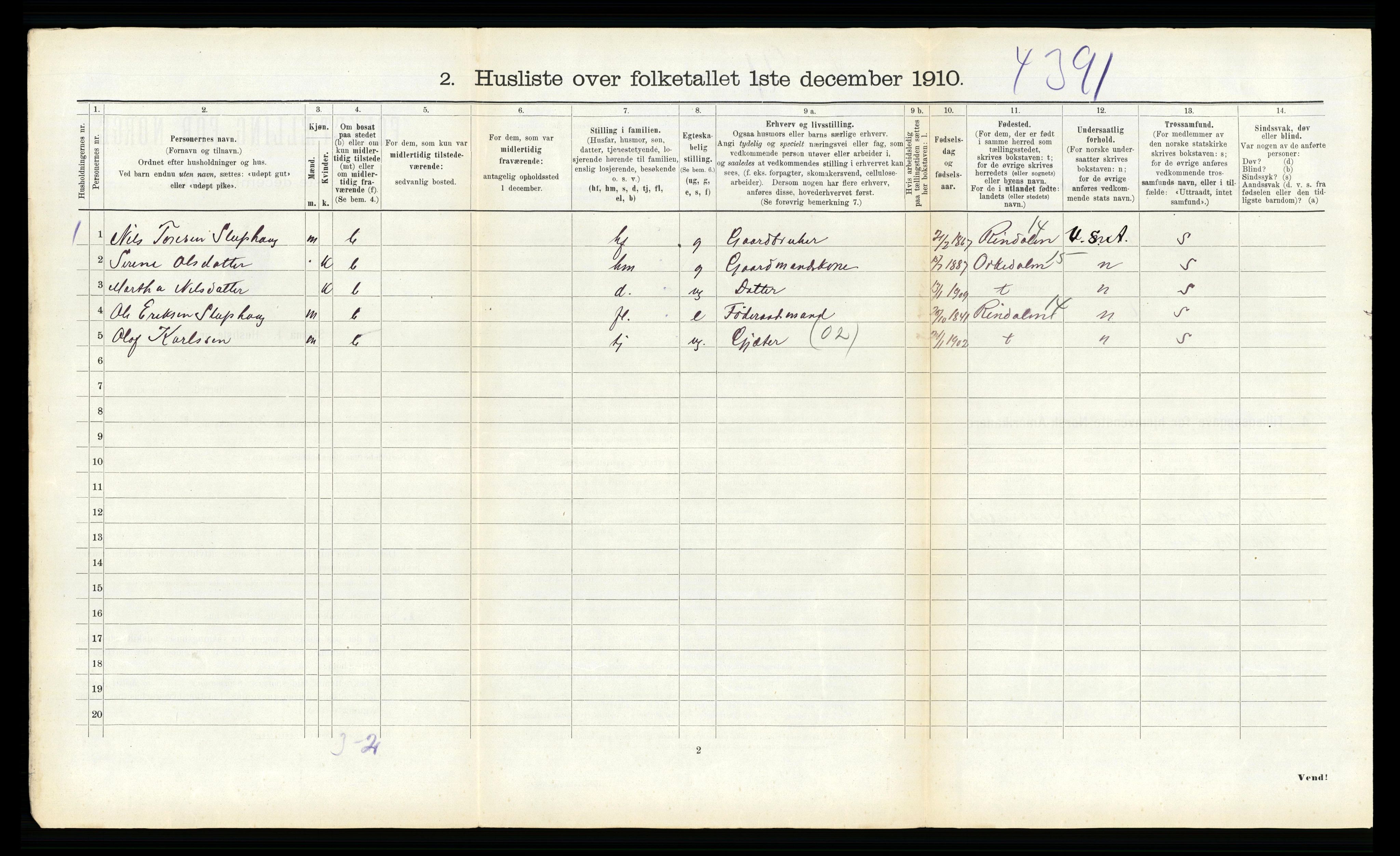 RA, 1910 census for Hemne, 1910, p. 1648