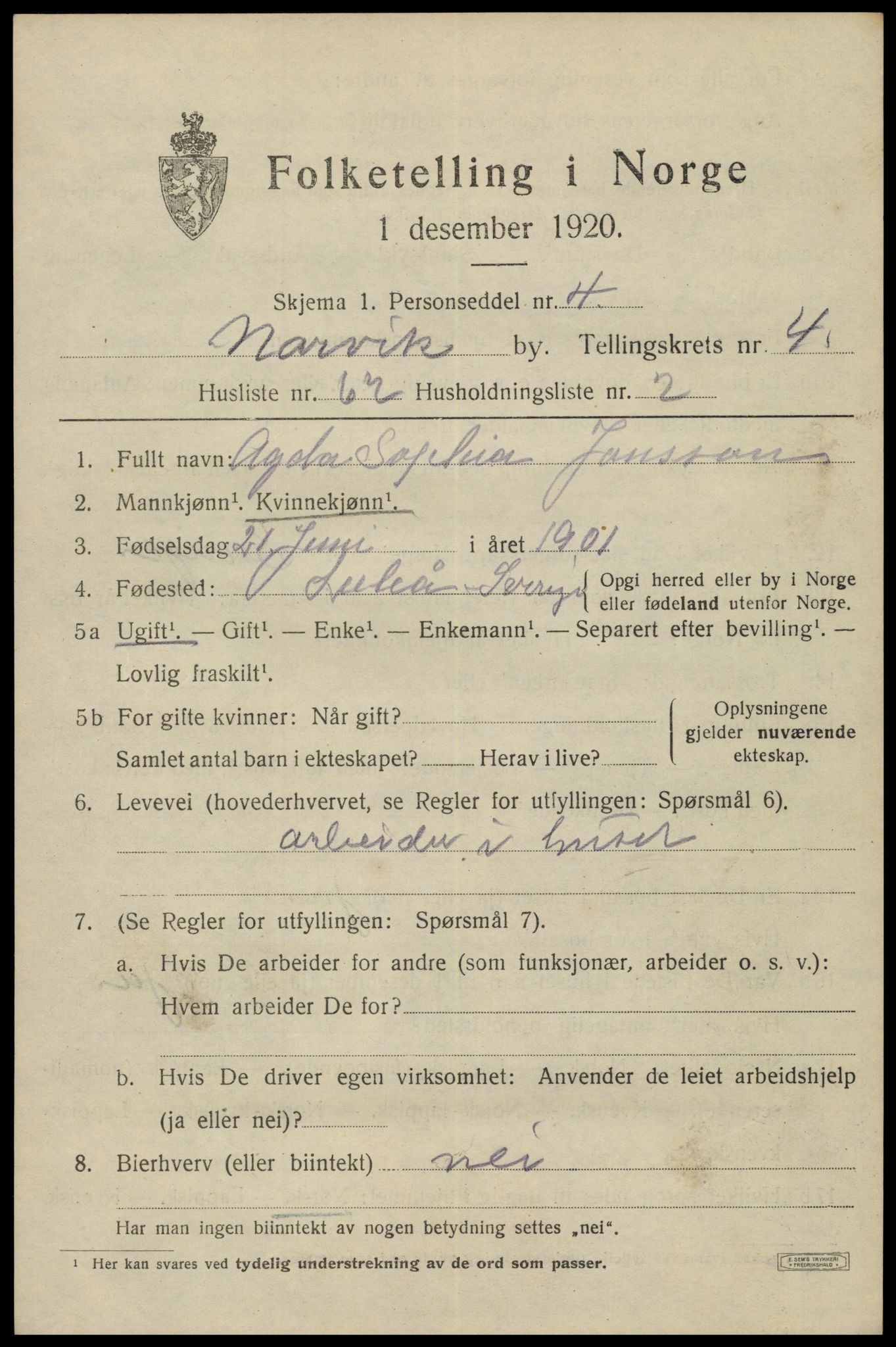 SAT, 1920 census for Narvik, 1920, p. 16168