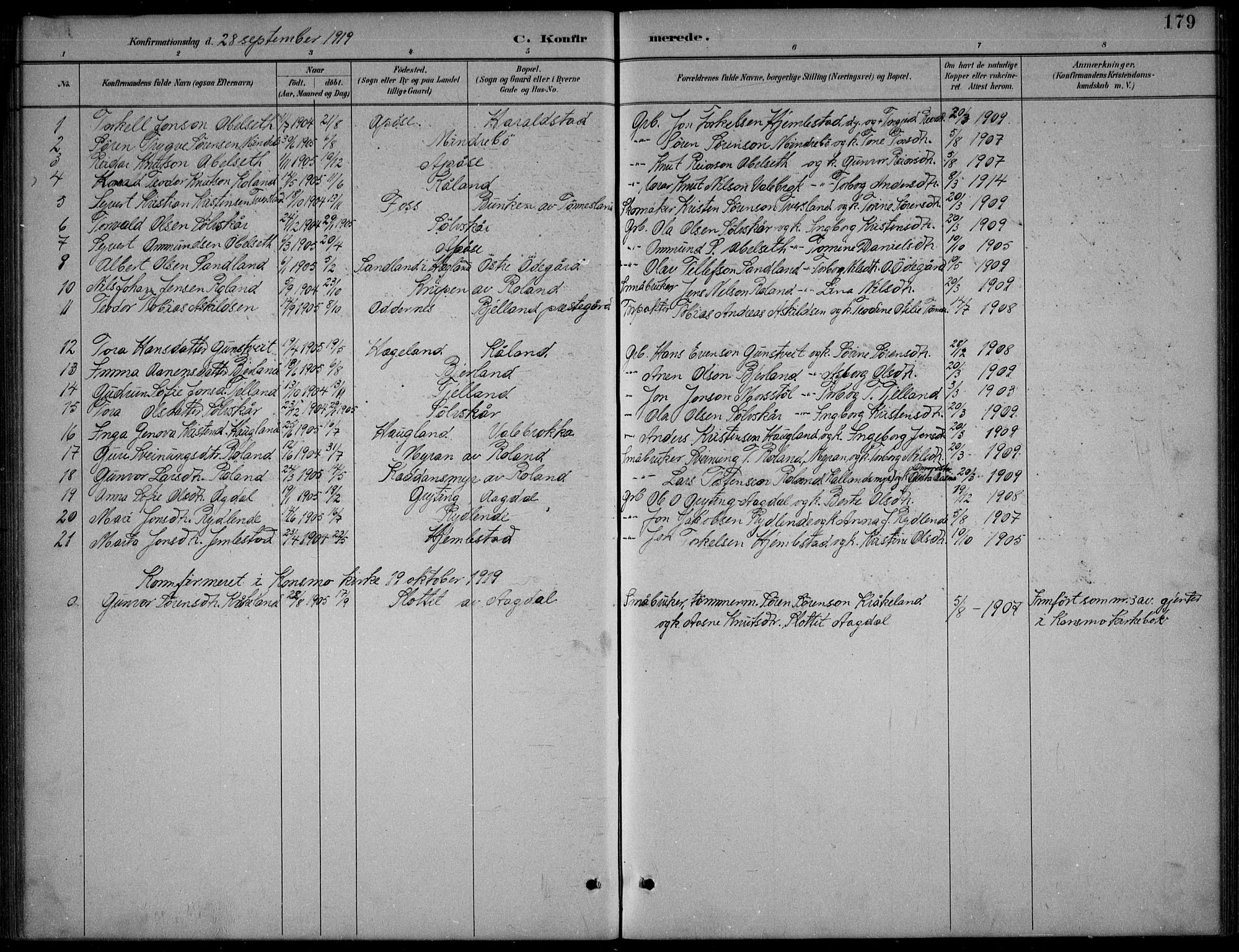Bjelland sokneprestkontor, SAK/1111-0005/F/Fb/Fba/L0005: Parish register (copy) no. B 5, 1887-1923, p. 179