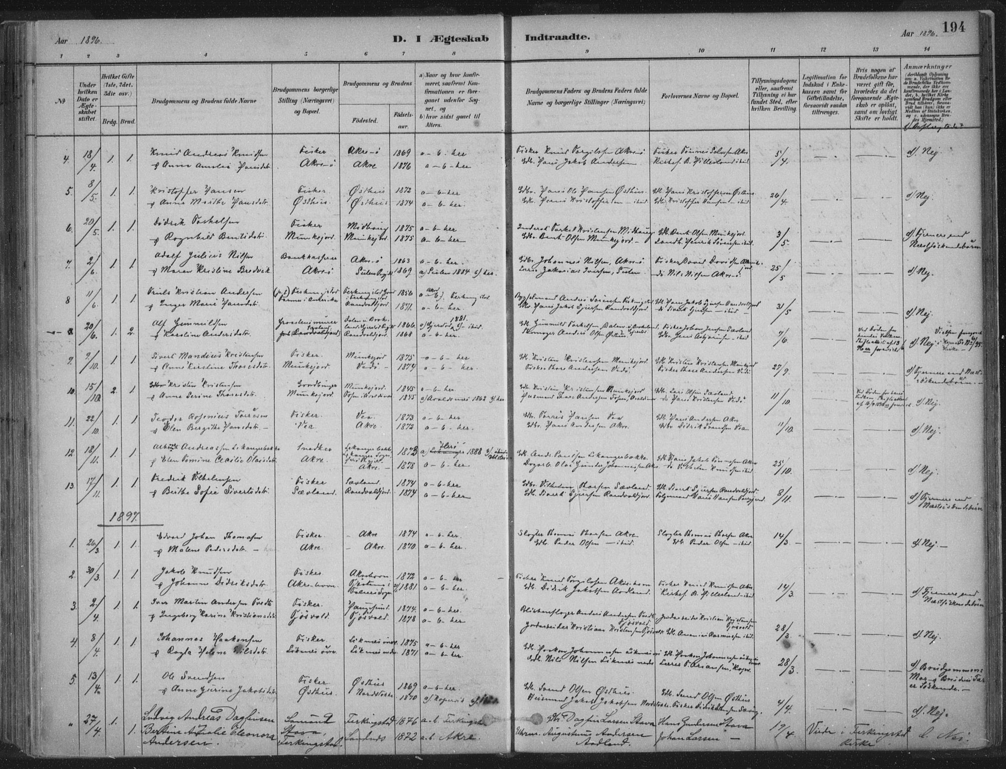 Kopervik sokneprestkontor, SAST/A-101850/H/Ha/Haa/L0004: Parish register (official) no. A 4, 1882-1905, p. 194