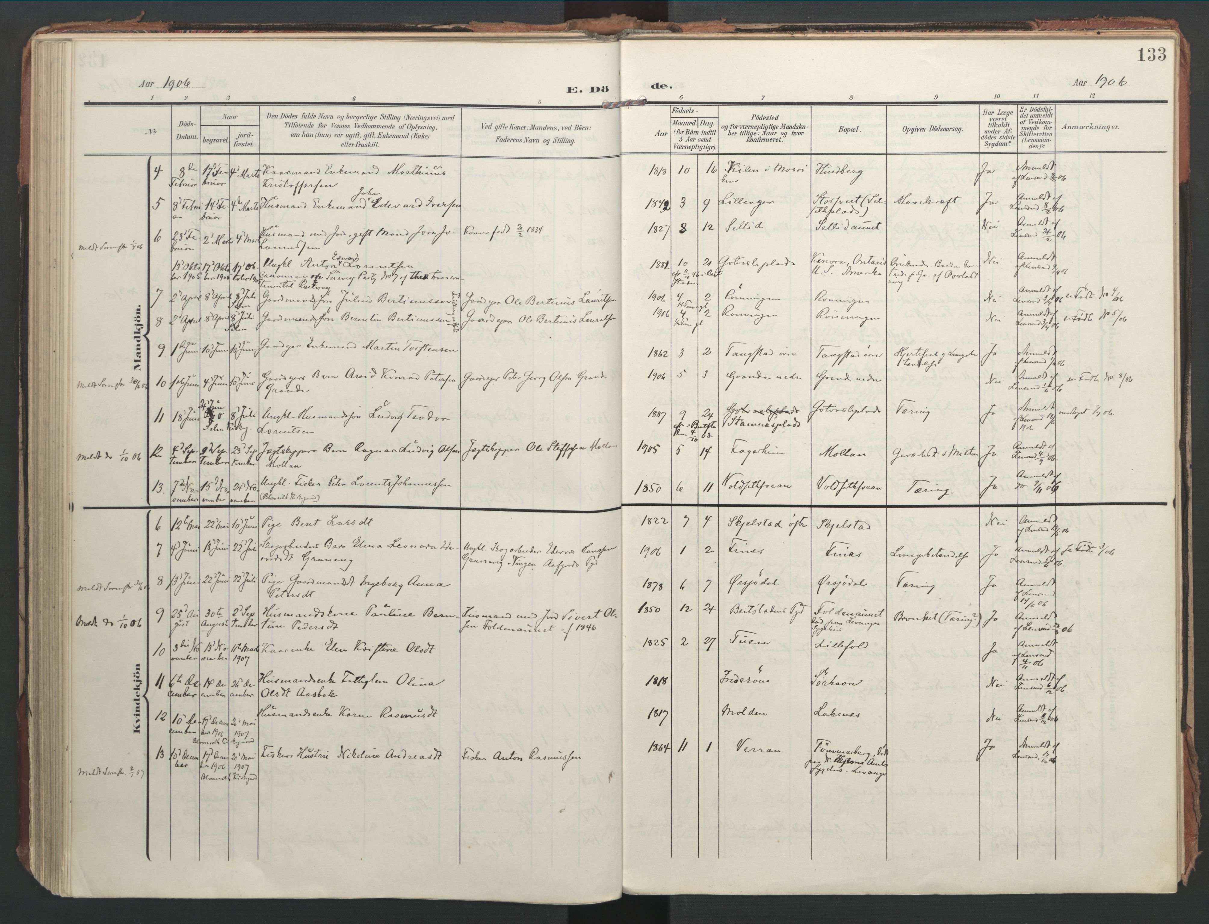 Ministerialprotokoller, klokkerbøker og fødselsregistre - Nord-Trøndelag, SAT/A-1458/744/L0421: Parish register (official) no. 744A05, 1905-1930, p. 133