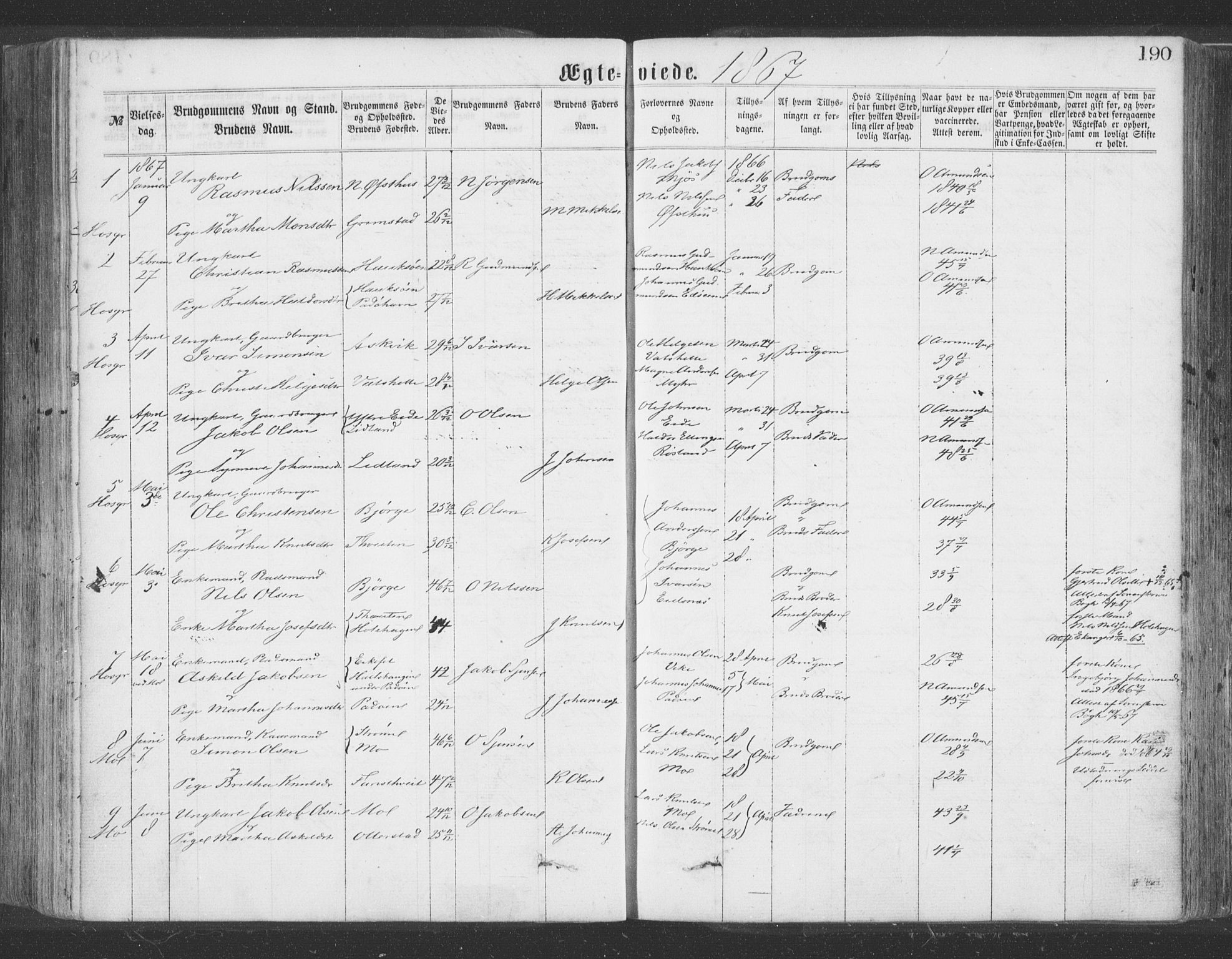 Hosanger sokneprestembete, AV/SAB-A-75801/H/Haa: Parish register (official) no. A 9, 1864-1876, p. 190