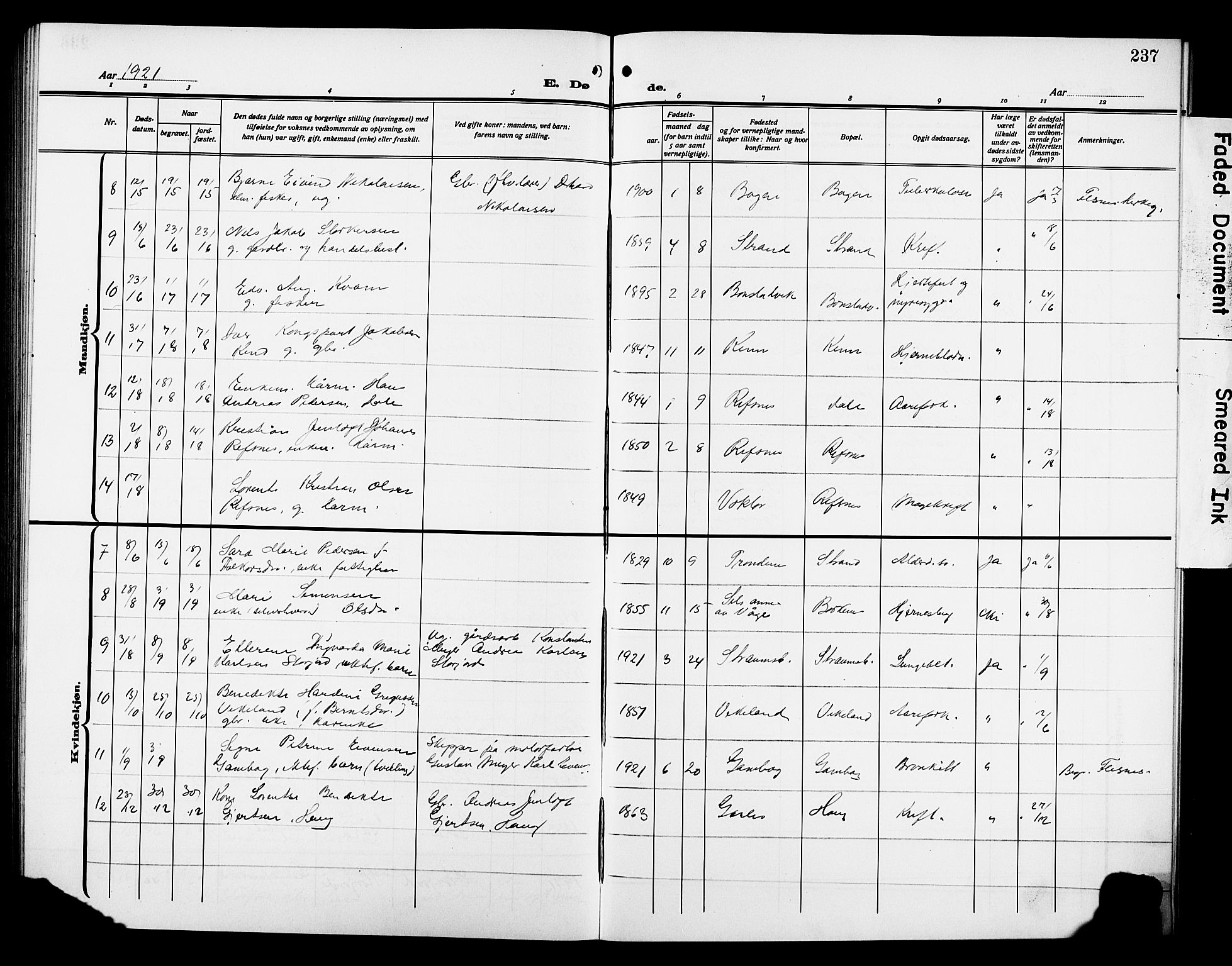 Kvæfjord sokneprestkontor, AV/SATØ-S-1323/G/Ga/Gab/L0006klokker: Parish register (copy) no. 6, 1912-1931, p. 237
