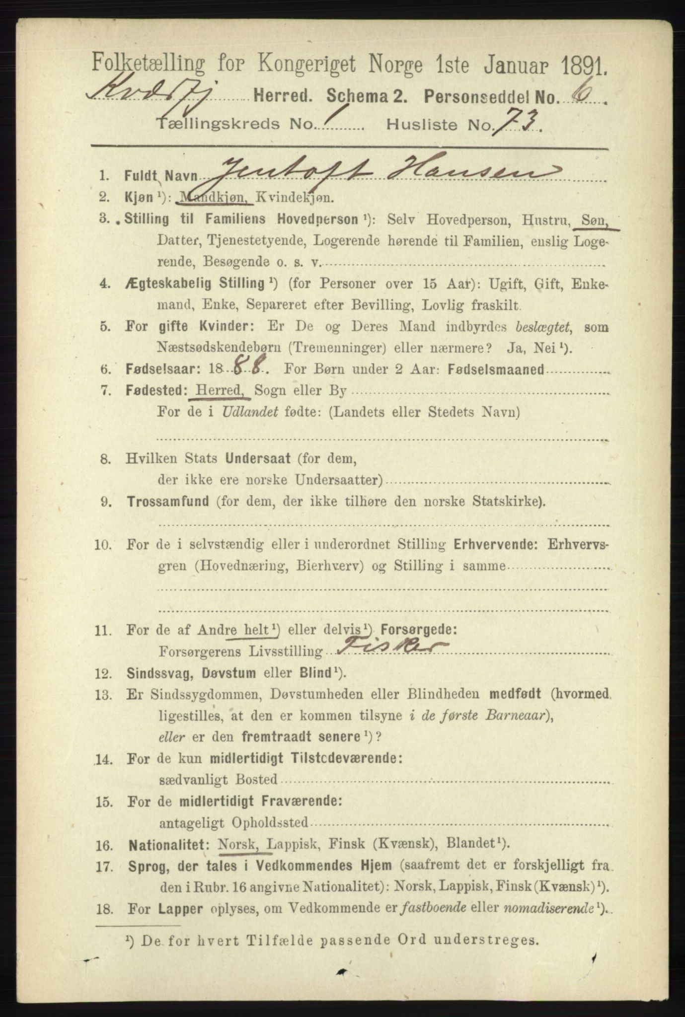 RA, 1891 census for 1911 Kvæfjord, 1891, p. 625