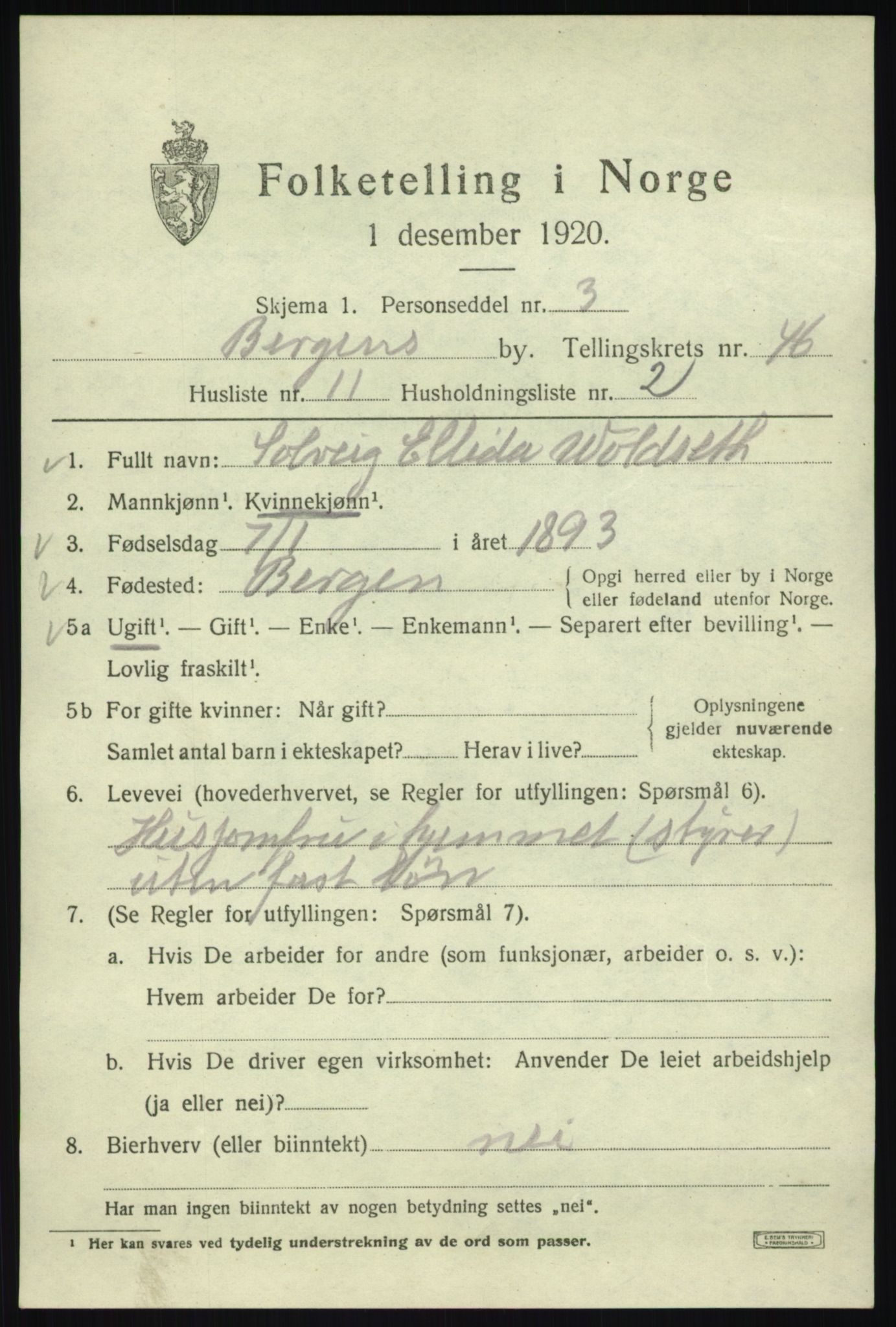 SAB, 1920 census for Bergen, 1920, p. 114964