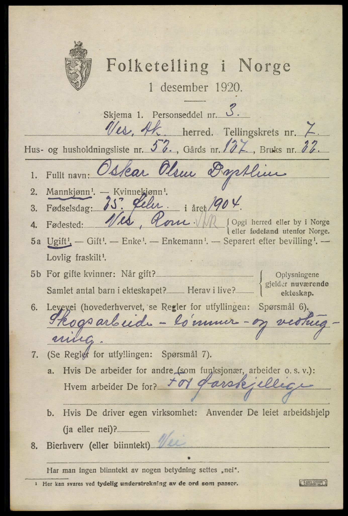 SAO, 1920 census for Nes, 1920, p. 8888