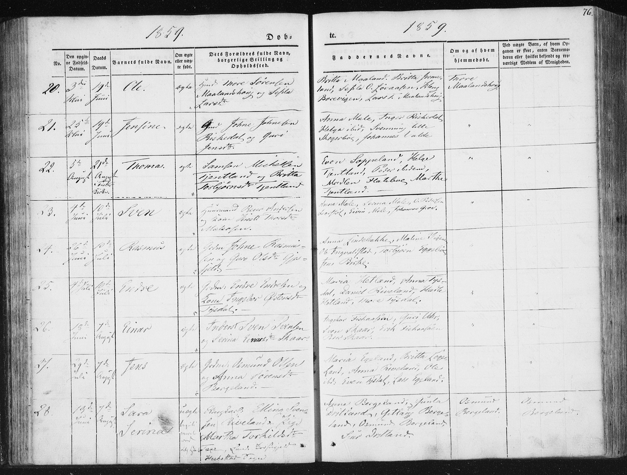 Hjelmeland sokneprestkontor, AV/SAST-A-101843/01/IV/L0008: Parish register (official) no. A 8, 1842-1861, p. 76