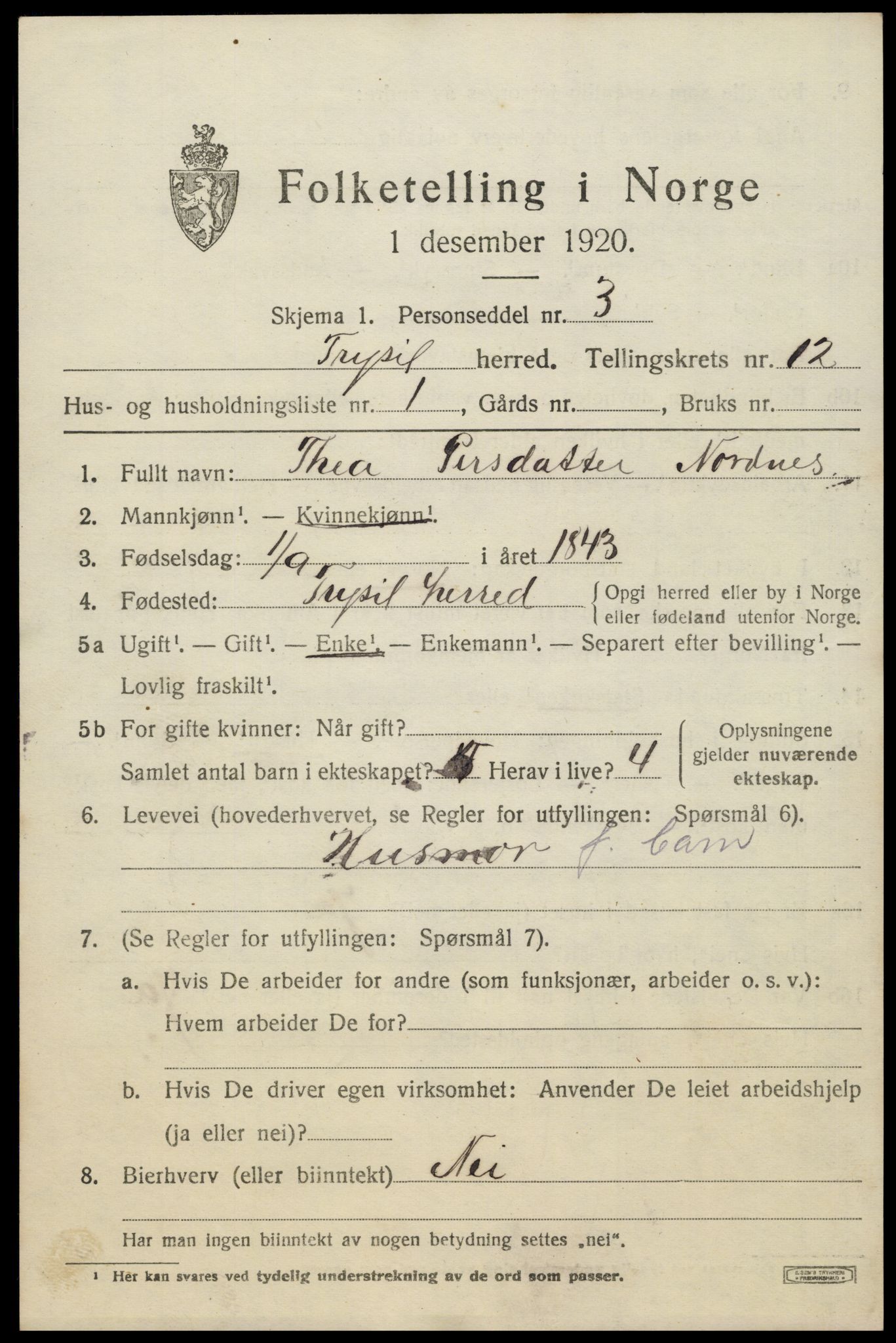 SAH, 1920 census for Trysil, 1920, p. 7113