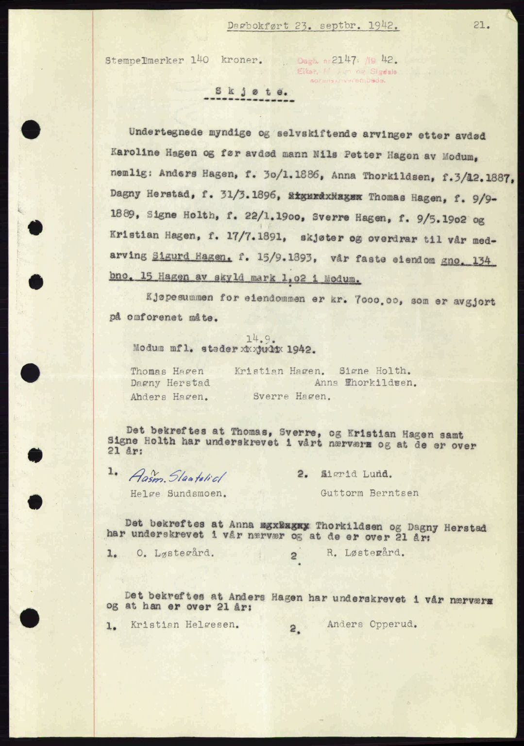 Eiker, Modum og Sigdal sorenskriveri, SAKO/A-123/G/Ga/Gab/L0047: Mortgage book no. A17, 1942-1943, Diary no: : 2147/1942