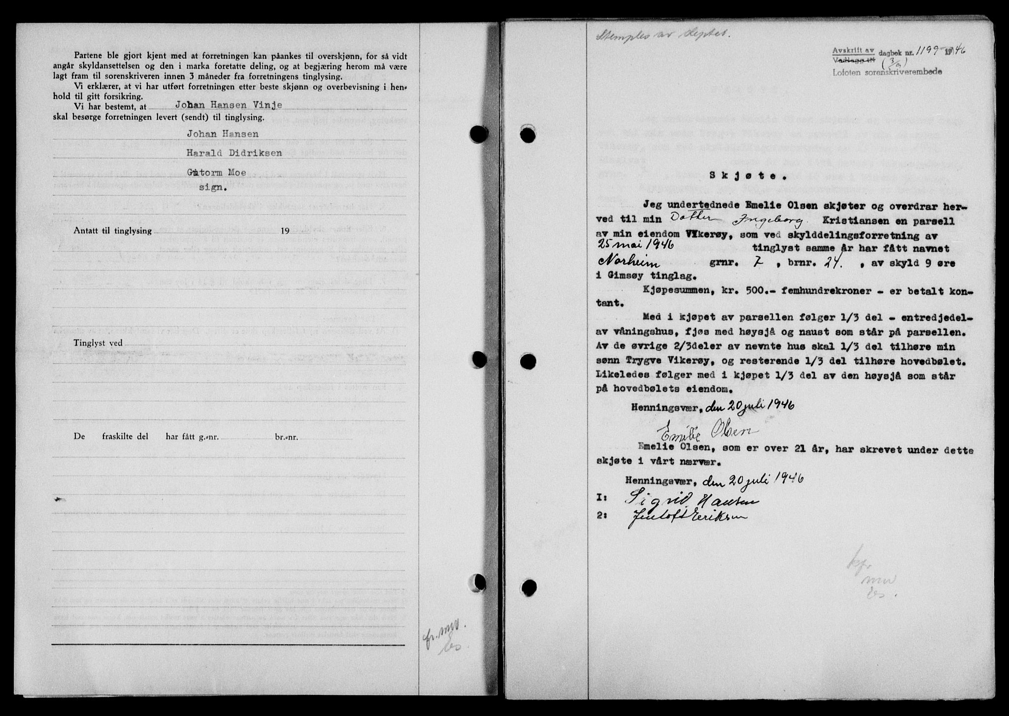 Lofoten sorenskriveri, SAT/A-0017/1/2/2C/L0014a: Mortgage book no. 14a, 1946-1946, Diary no: : 1199/1946