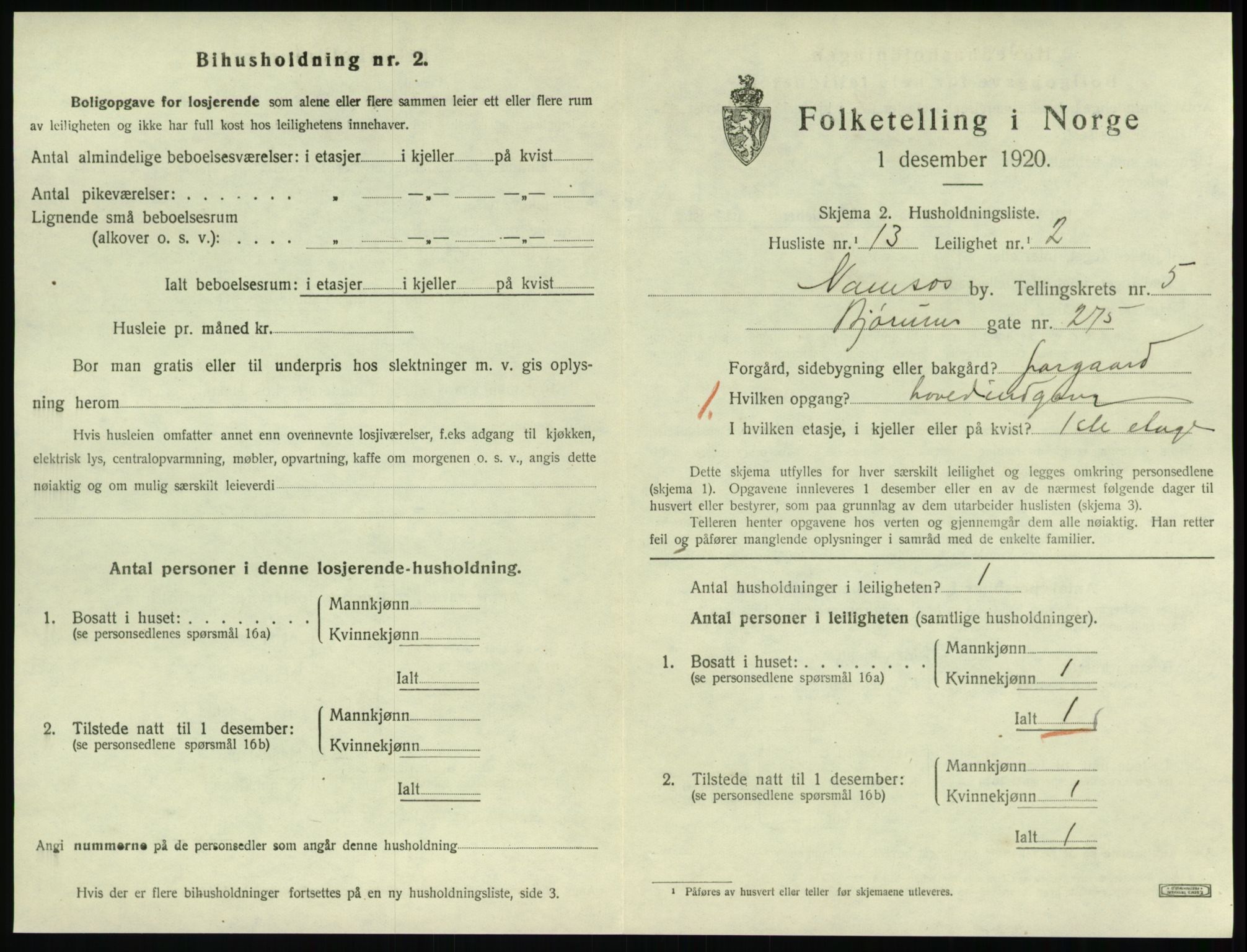 SAT, 1920 census for Namsos, 1920, p. 1647