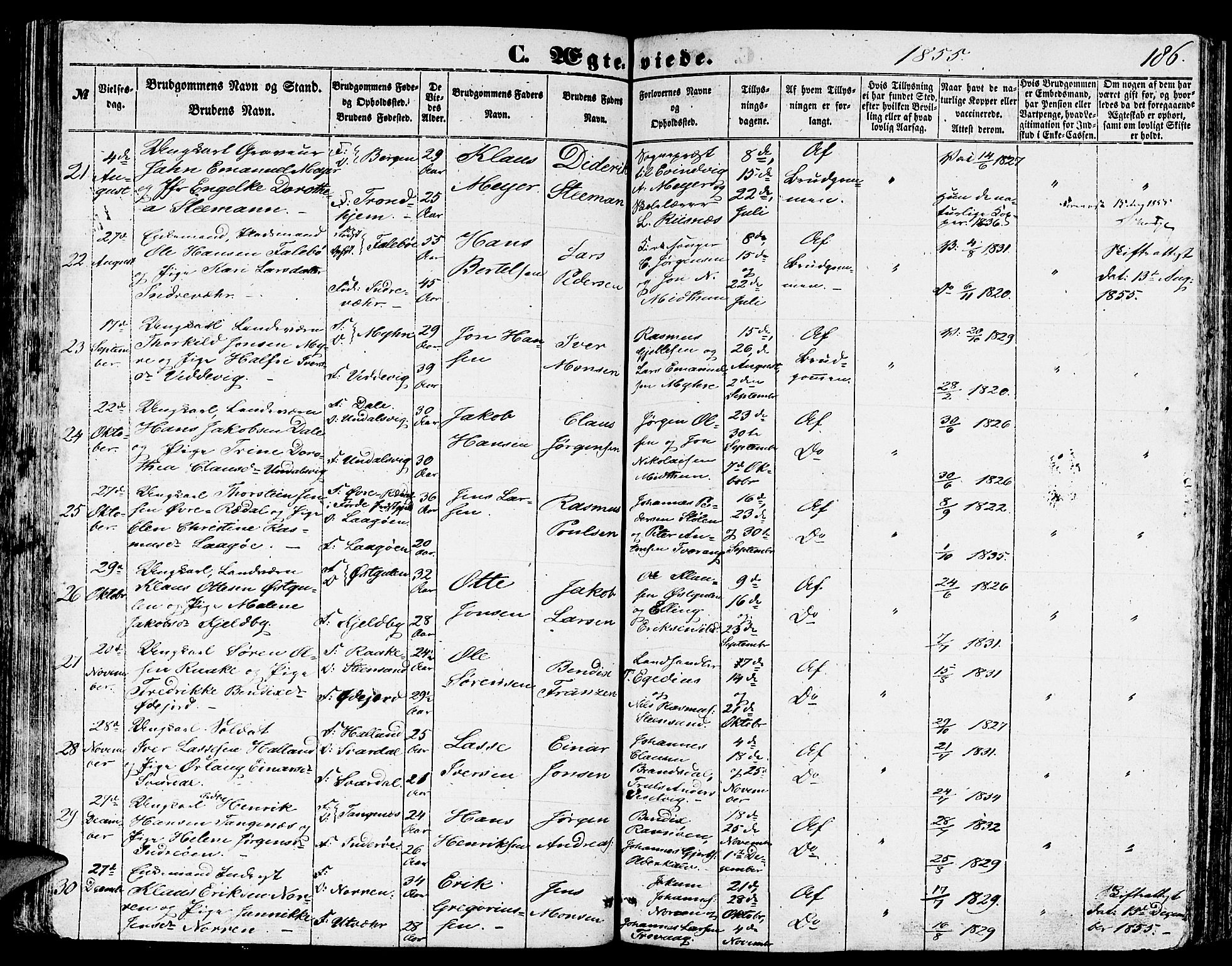 Gulen sokneprestembete, AV/SAB-A-80201/H/Hab/Habb/L0001: Parish register (copy) no. B 1, 1854-1866, p. 186
