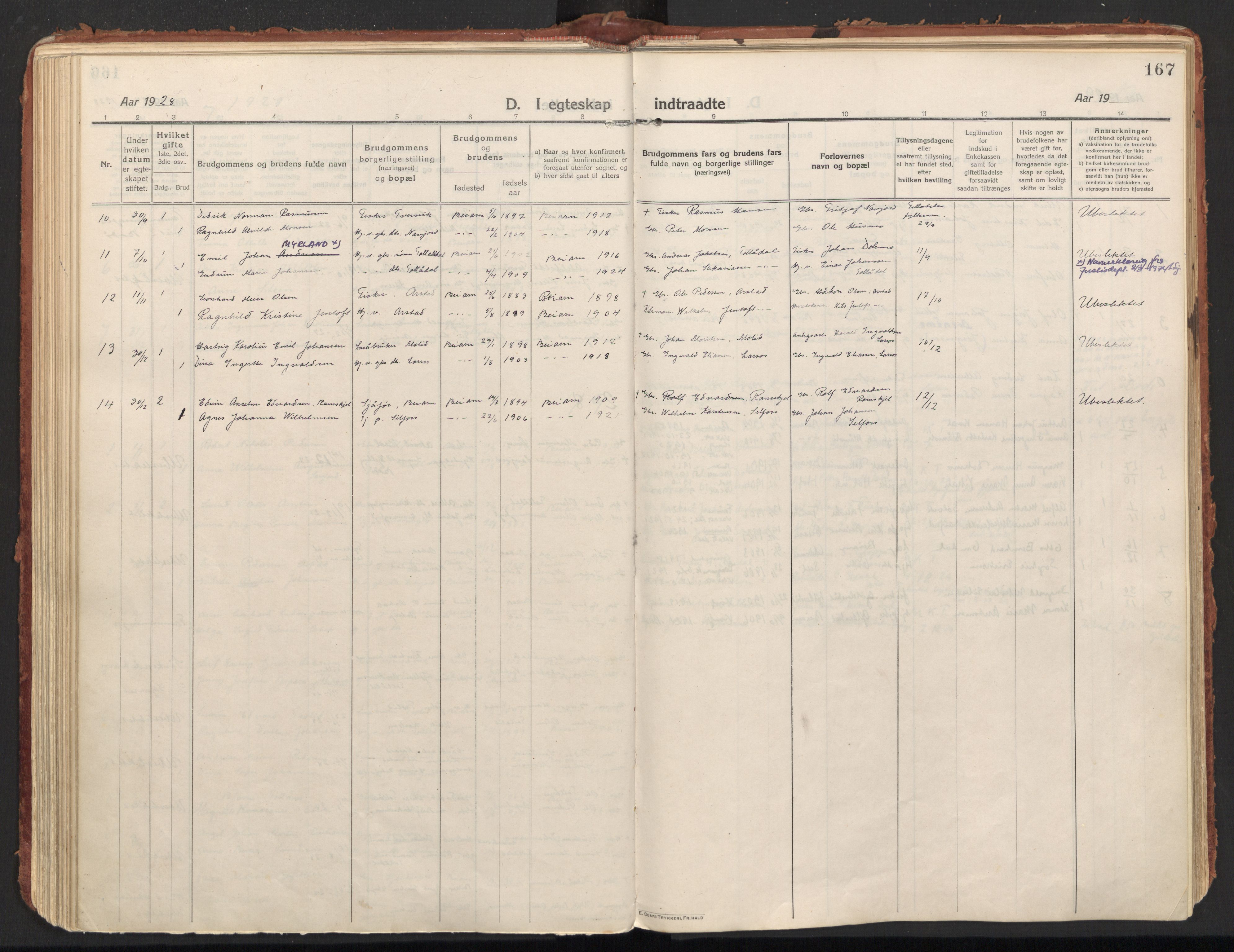 Ministerialprotokoller, klokkerbøker og fødselsregistre - Nordland, SAT/A-1459/846/L0650: Parish register (official) no. 846A08, 1916-1935, p. 167