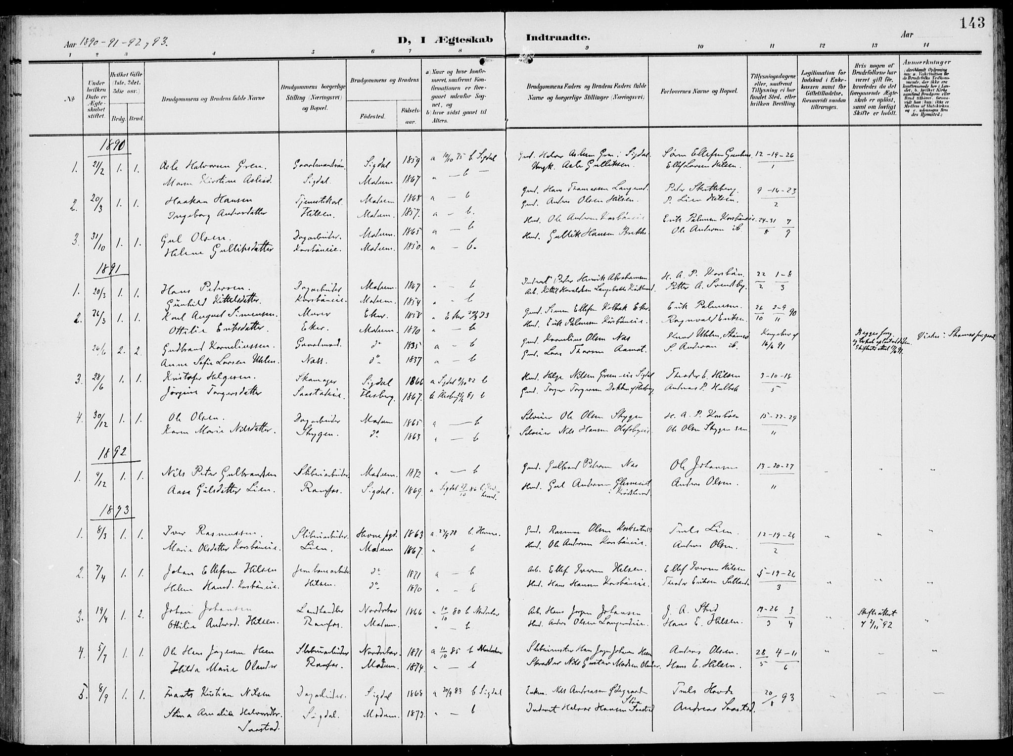 Modum kirkebøker, AV/SAKO-A-234/F/Fa/L0019: Parish register (official) no. 19, 1890-1914, p. 143