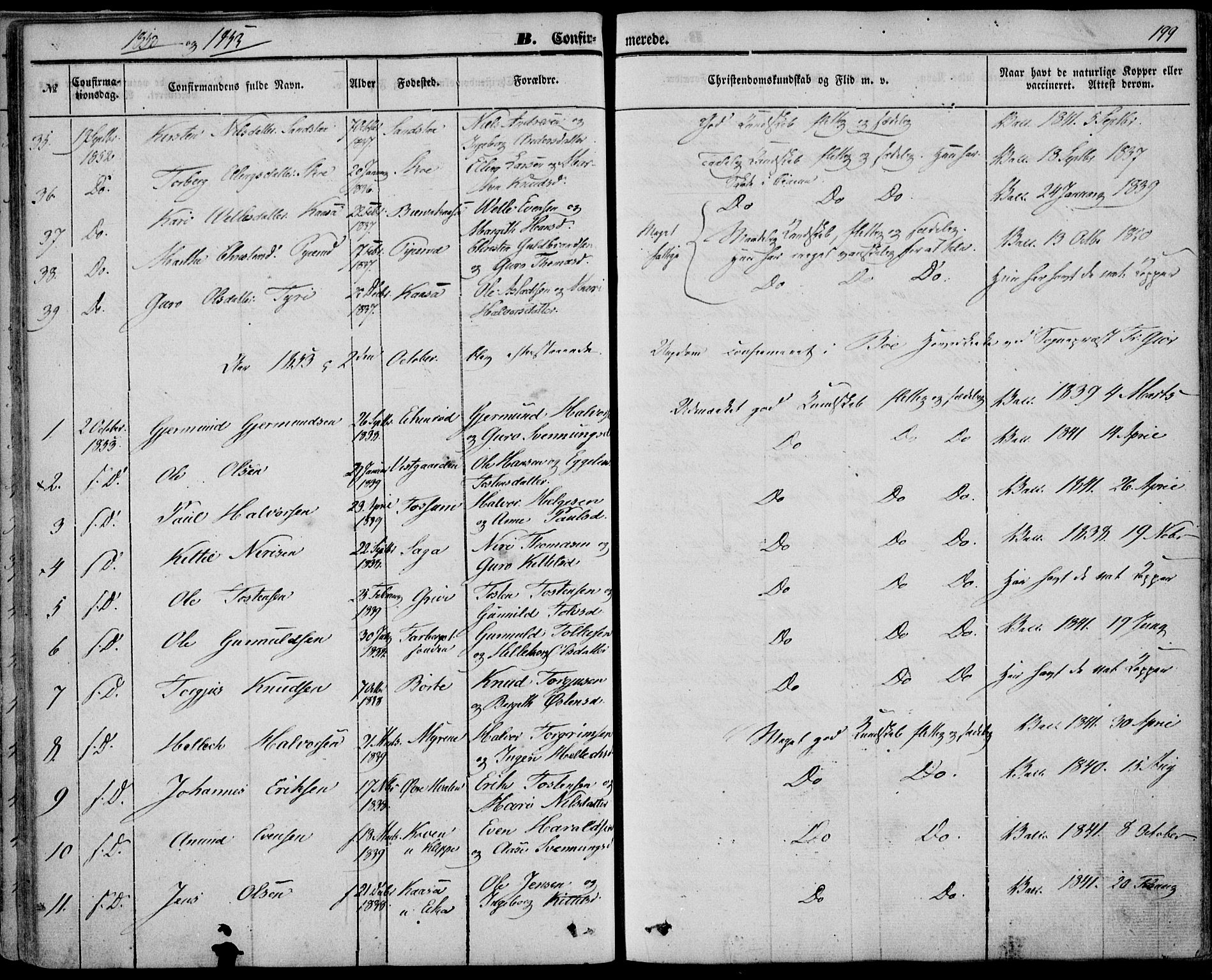 Bø kirkebøker, SAKO/A-257/F/Fa/L0008: Parish register (official) no. 8, 1849-1861, p. 199