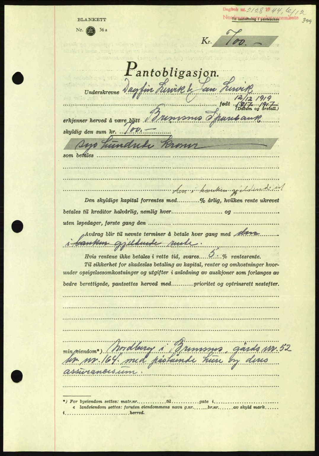 Nordmøre sorenskriveri, AV/SAT-A-4132/1/2/2Ca: Mortgage book no. B92, 1944-1945, Diary no: : 2128/1944