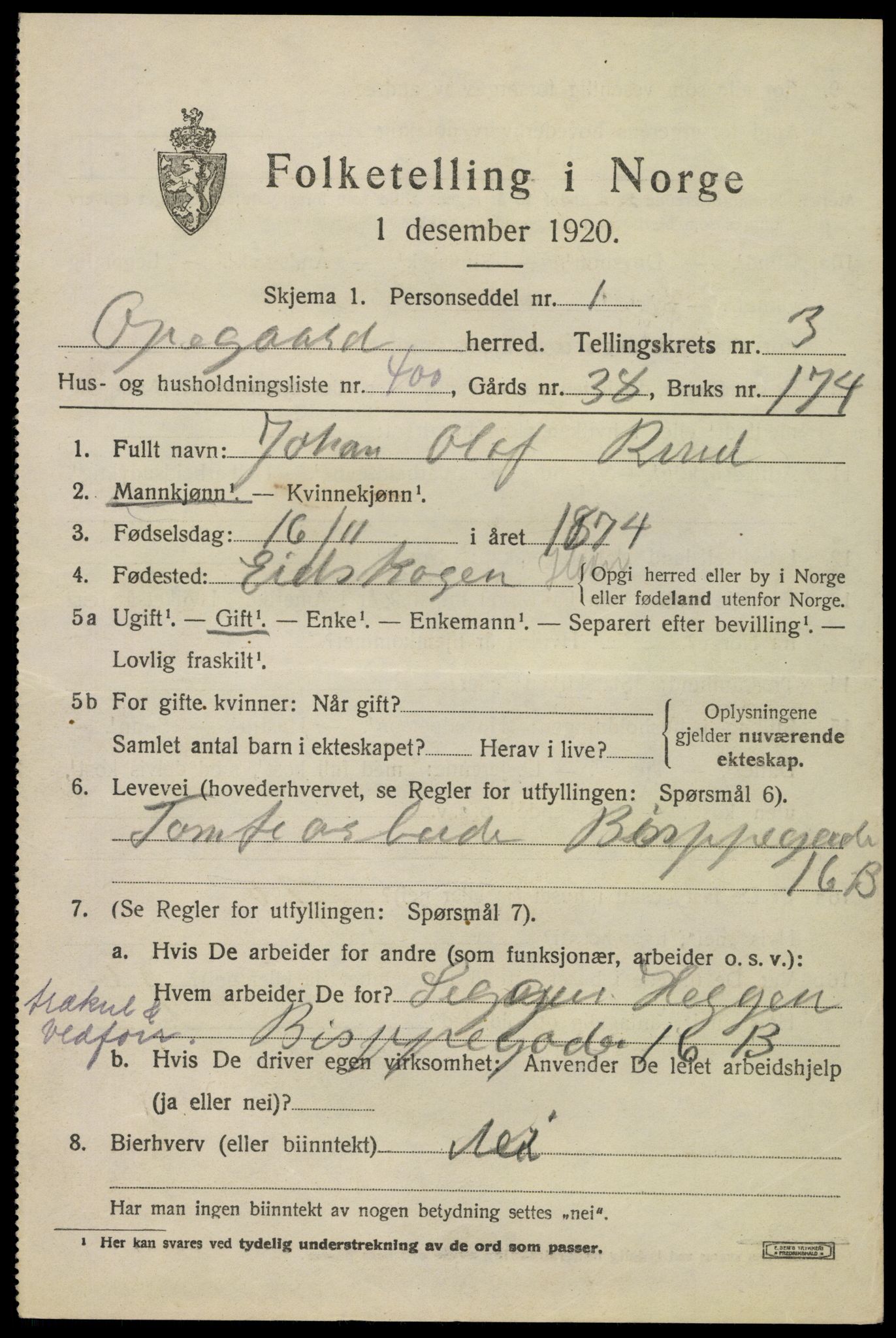 SAO, 1920 census for Oppegård, 1920, p. 9491
