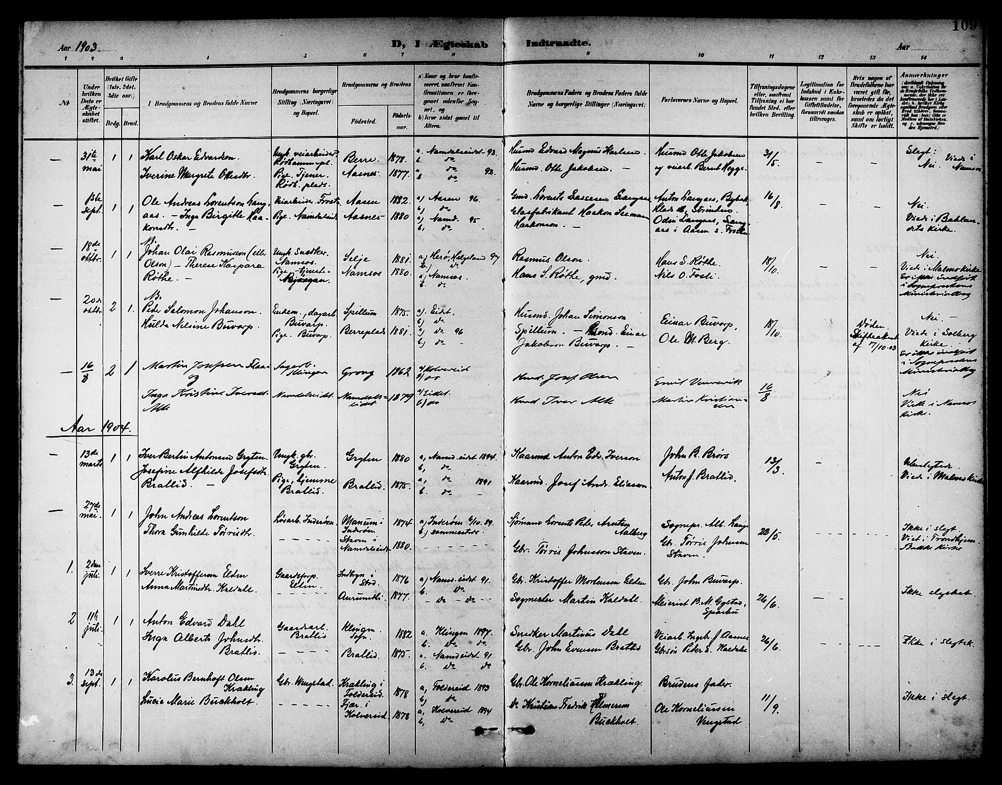 Ministerialprotokoller, klokkerbøker og fødselsregistre - Nord-Trøndelag, AV/SAT-A-1458/742/L0412: Parish register (copy) no. 742C03, 1898-1910, p. 109