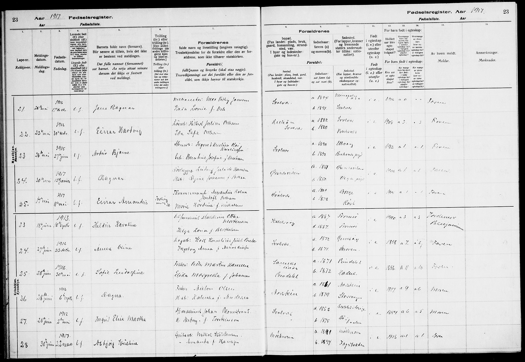 Ministerialprotokoller, klokkerbøker og fødselsregistre - Nordland, AV/SAT-A-1459/874/L1089: Birth register no. 874.II.4.1, 1916-1926, p. 23