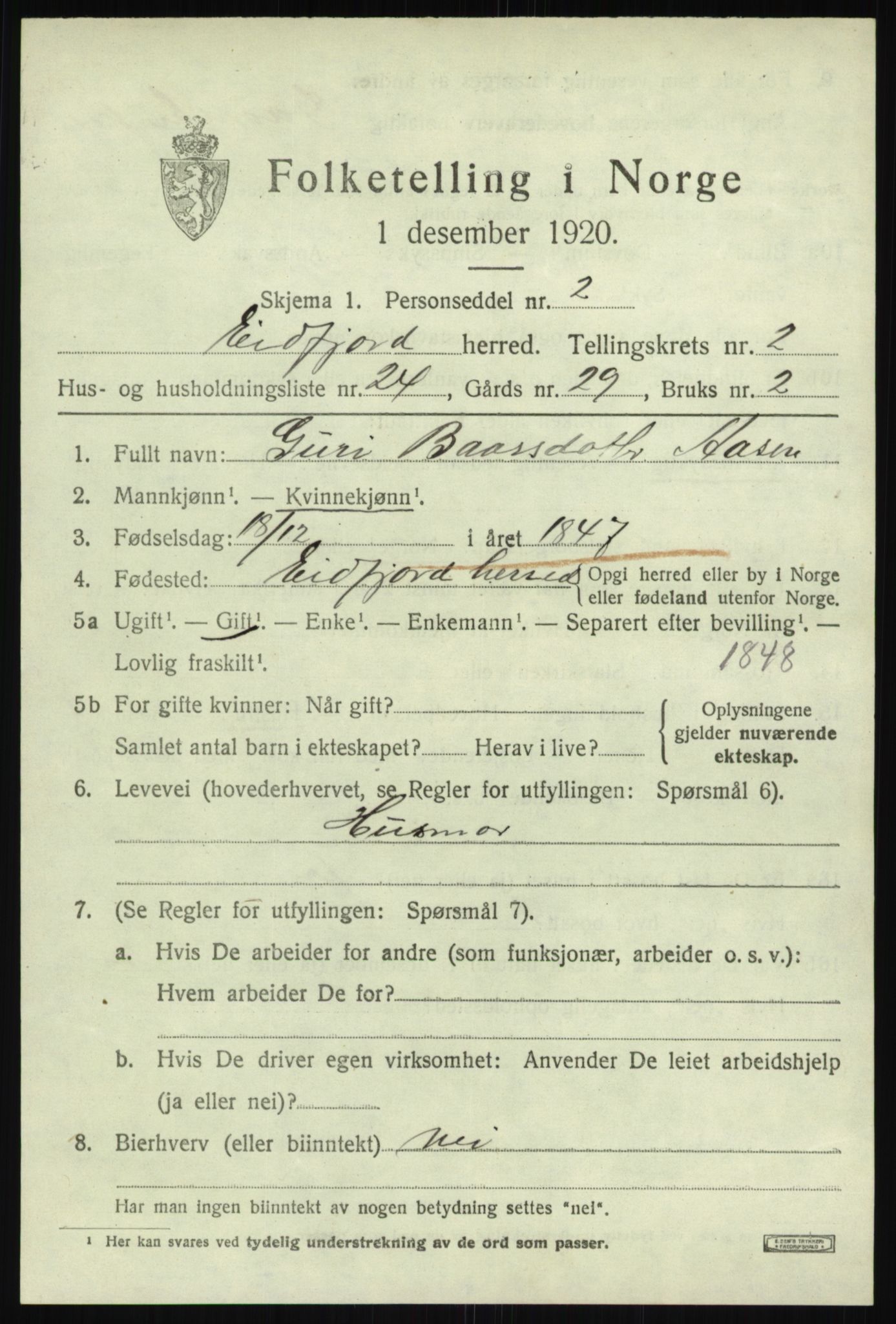 SAB, 1920 census for Eidfjord, 1920, p. 984