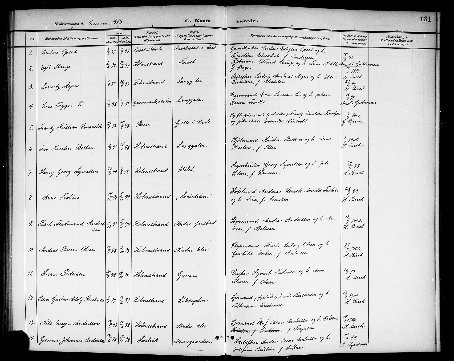 Holmestrand kirkebøker, AV/SAKO-A-346/G/Ga/L0006: Parish register (copy) no. 6, 1901-1923, p. 131