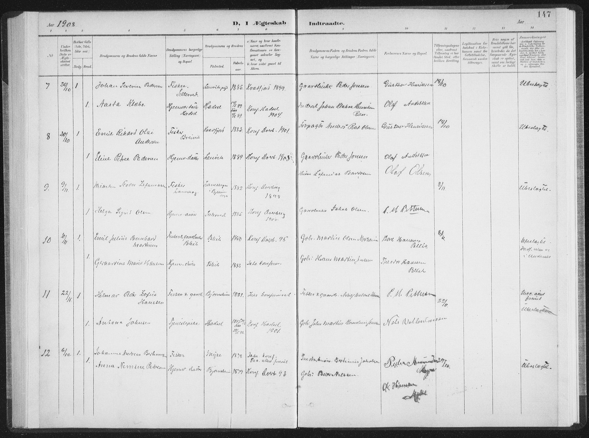 Ministerialprotokoller, klokkerbøker og fødselsregistre - Nordland, AV/SAT-A-1459/897/L1400: Parish register (official) no. 897A07, 1897-1908, p. 147