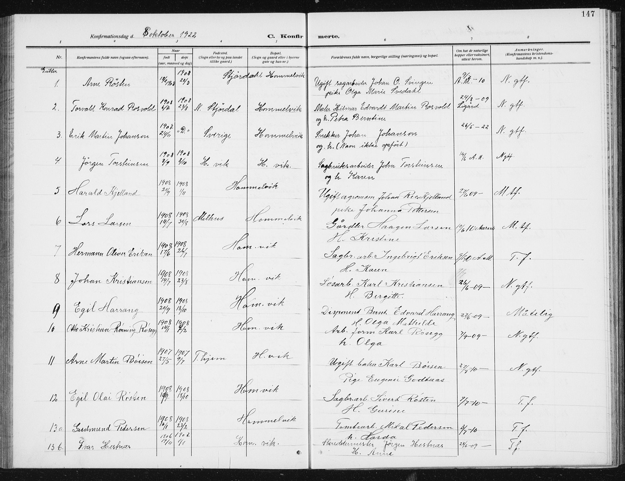 Ministerialprotokoller, klokkerbøker og fødselsregistre - Sør-Trøndelag, SAT/A-1456/617/L0431: Parish register (copy) no. 617C02, 1910-1936, p. 147